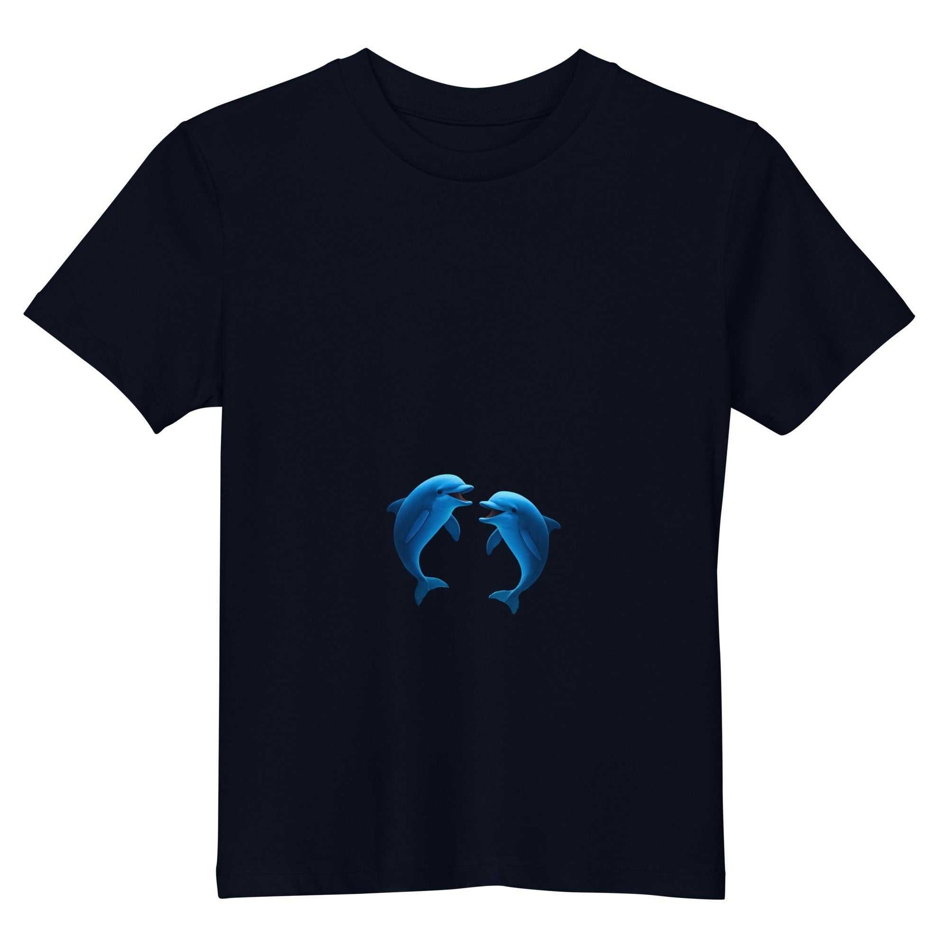 Navy Kids Eco T-Shirt with playful dolphins design, made from GOTS certified organic cotton for comfort and durability.