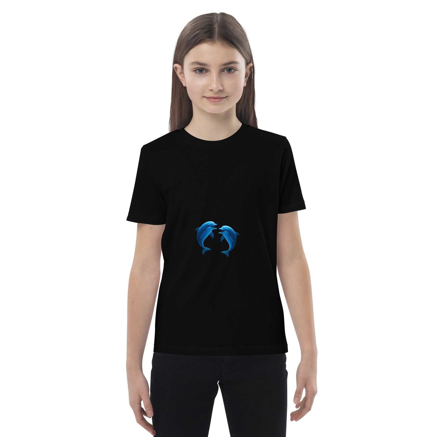 Black Kids Organic Cotton T-Shirt with dolphin print, modeled by a child. Eco-friendly and soft for active kids.