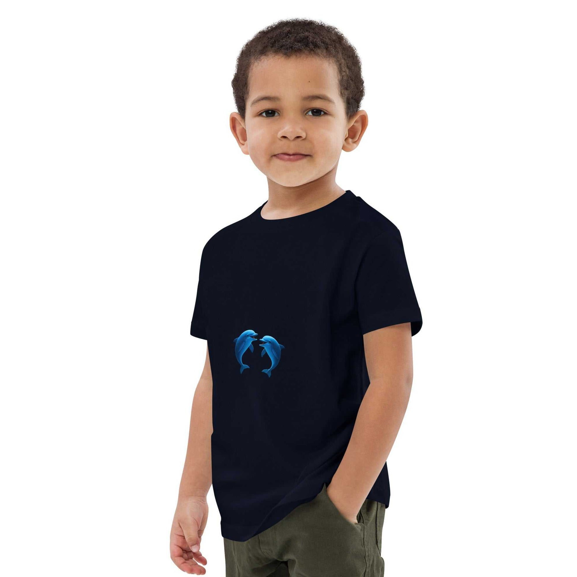 Soft navy Kids Organic Cotton T-Shirt with blue dolphins design, sustainable and comfy for daily wear.