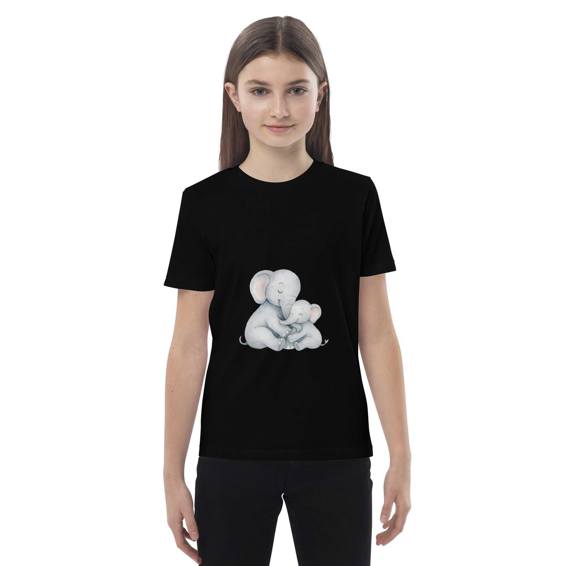 Kids Organic Cotton T-Shirt - Elephant Design in black, featuring a cute elephant illustration. GOTS certified, eco-friendly kids apparel.