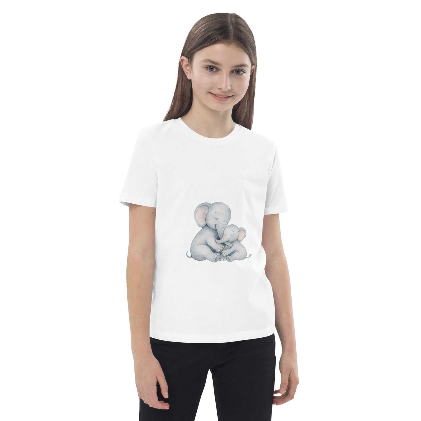 Kids Organic Cotton T-Shirt in white with elephant design. Sustainable, GOTS certified kids t-shirt for casual wear.