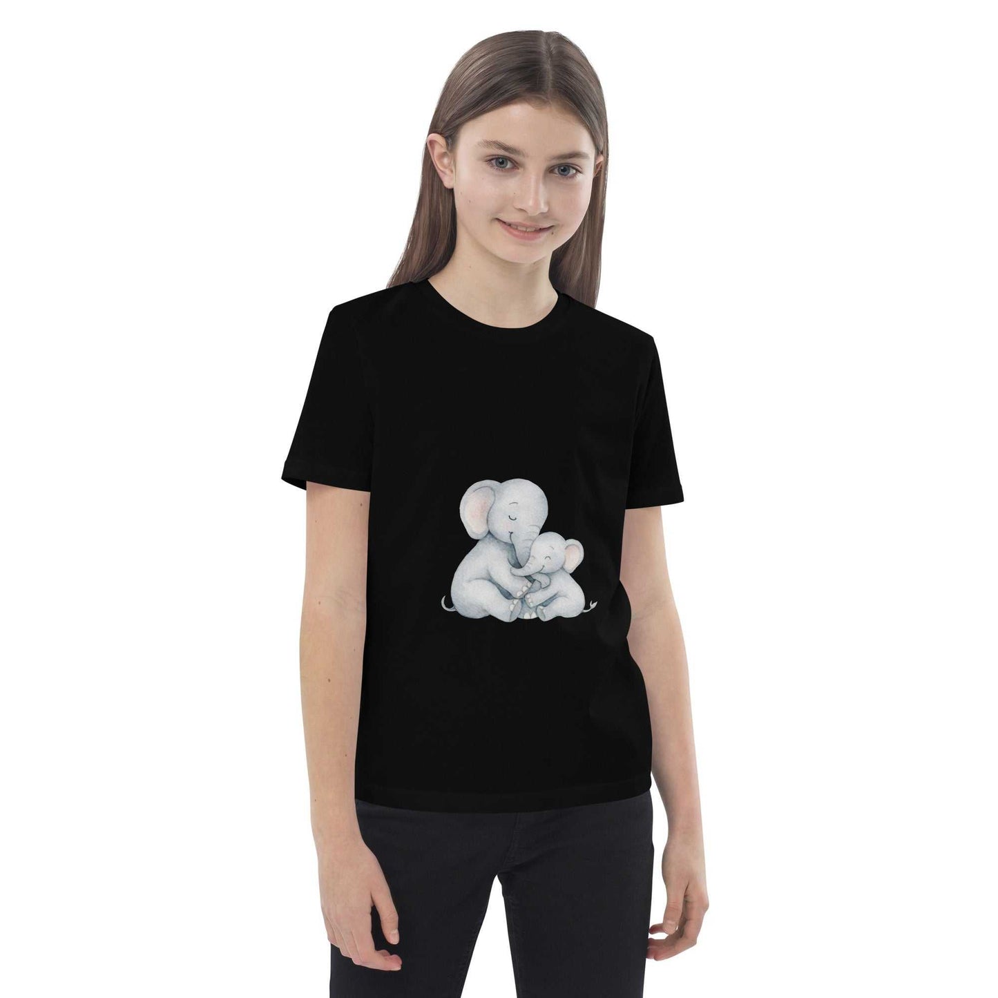 Black Kids Organic Cotton T-Shirt - Elephant Design worn by child. GOTS certified, soft and sustainable kids fashion.
