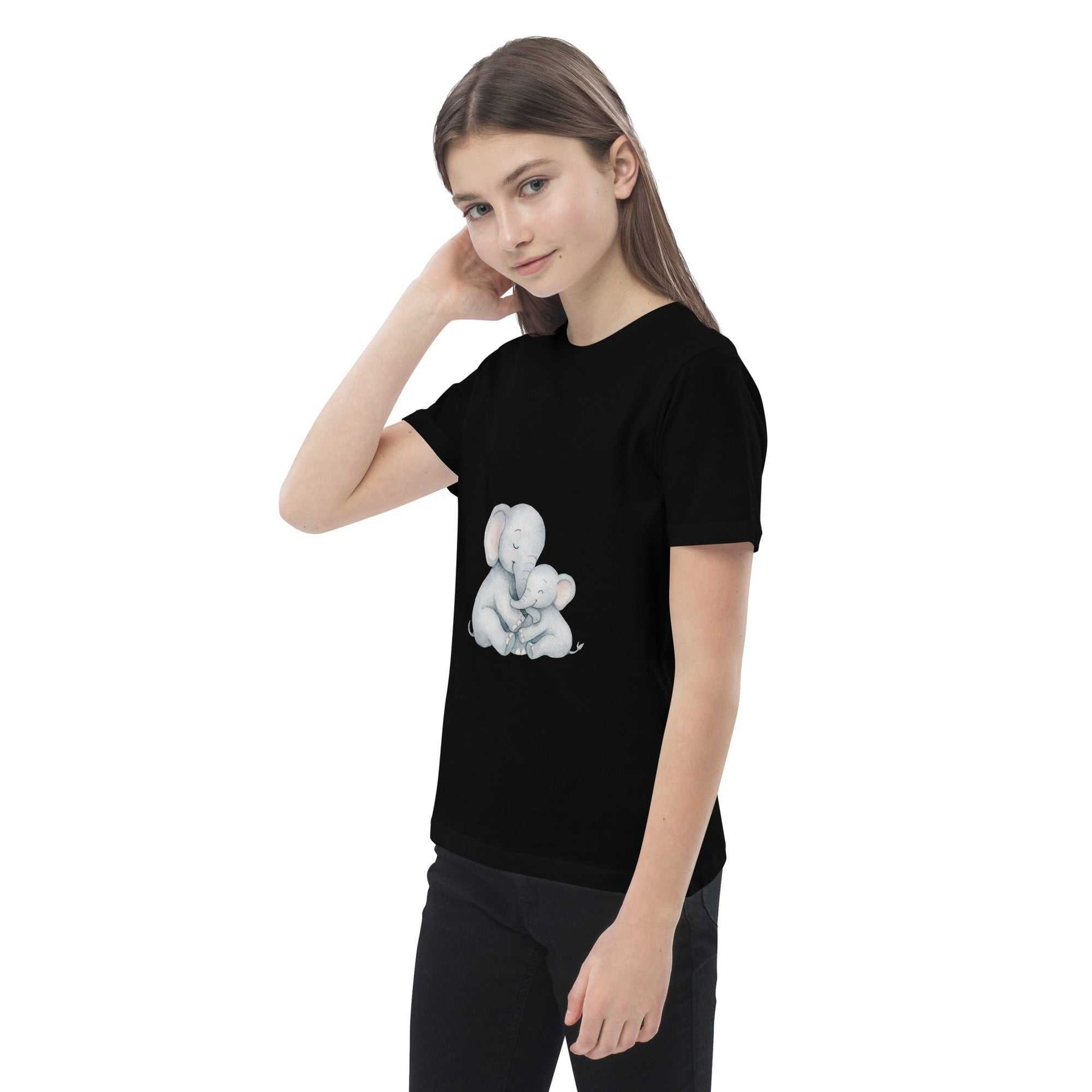 Eco-friendly black Kids Organic Cotton T-Shirt with adorable elephant design. GOTS certified, perfect for everyday comfort and style.