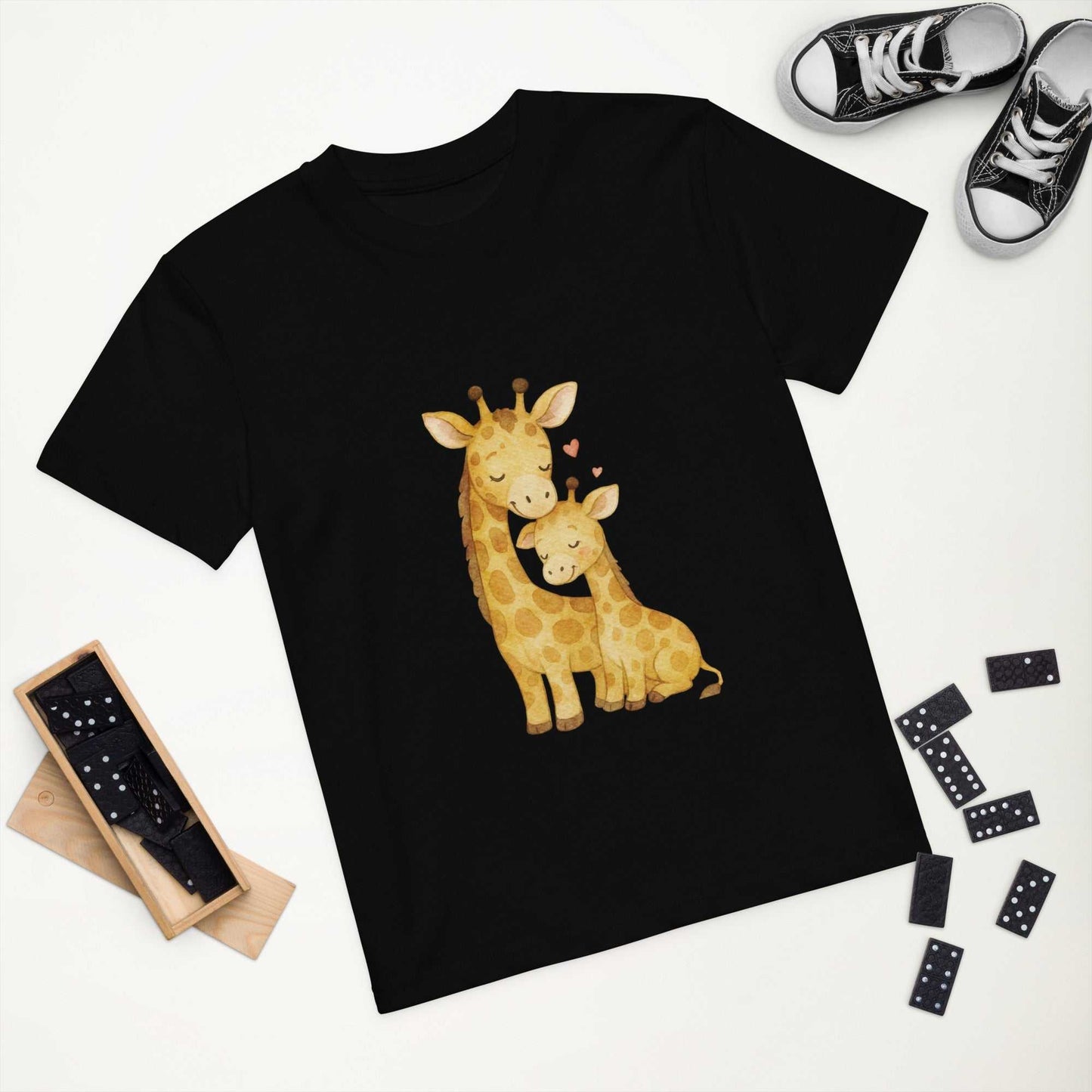 Kids Organic Cotton T-Shirt - flat lay of black t-shirt with giraffe design, sustainable kidswear for eco-conscious families.