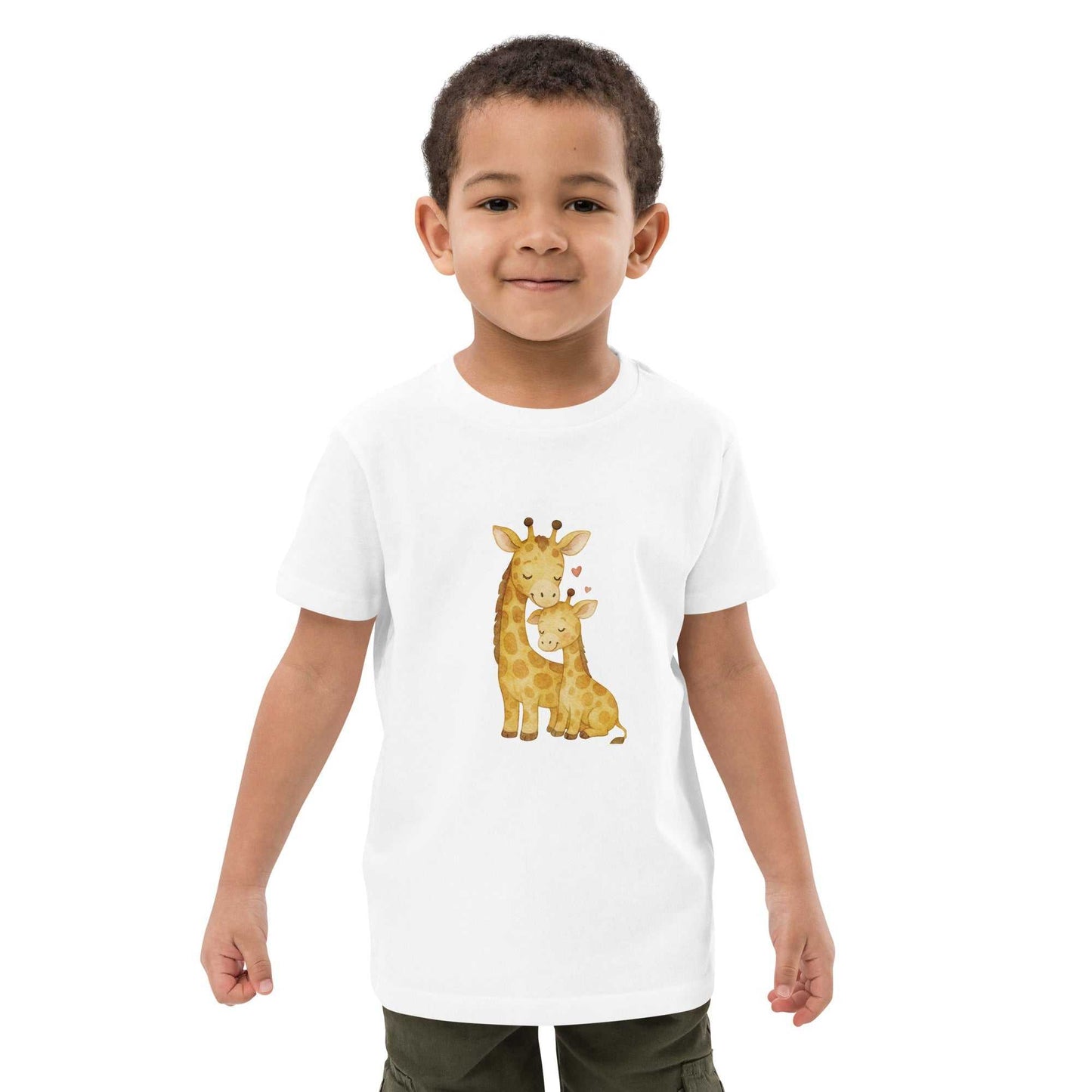 Kids Organic Cotton T-Shirt - white t-shirt with adorable giraffe print, GOTS certified organic cotton, ideal for ages 3-13.
