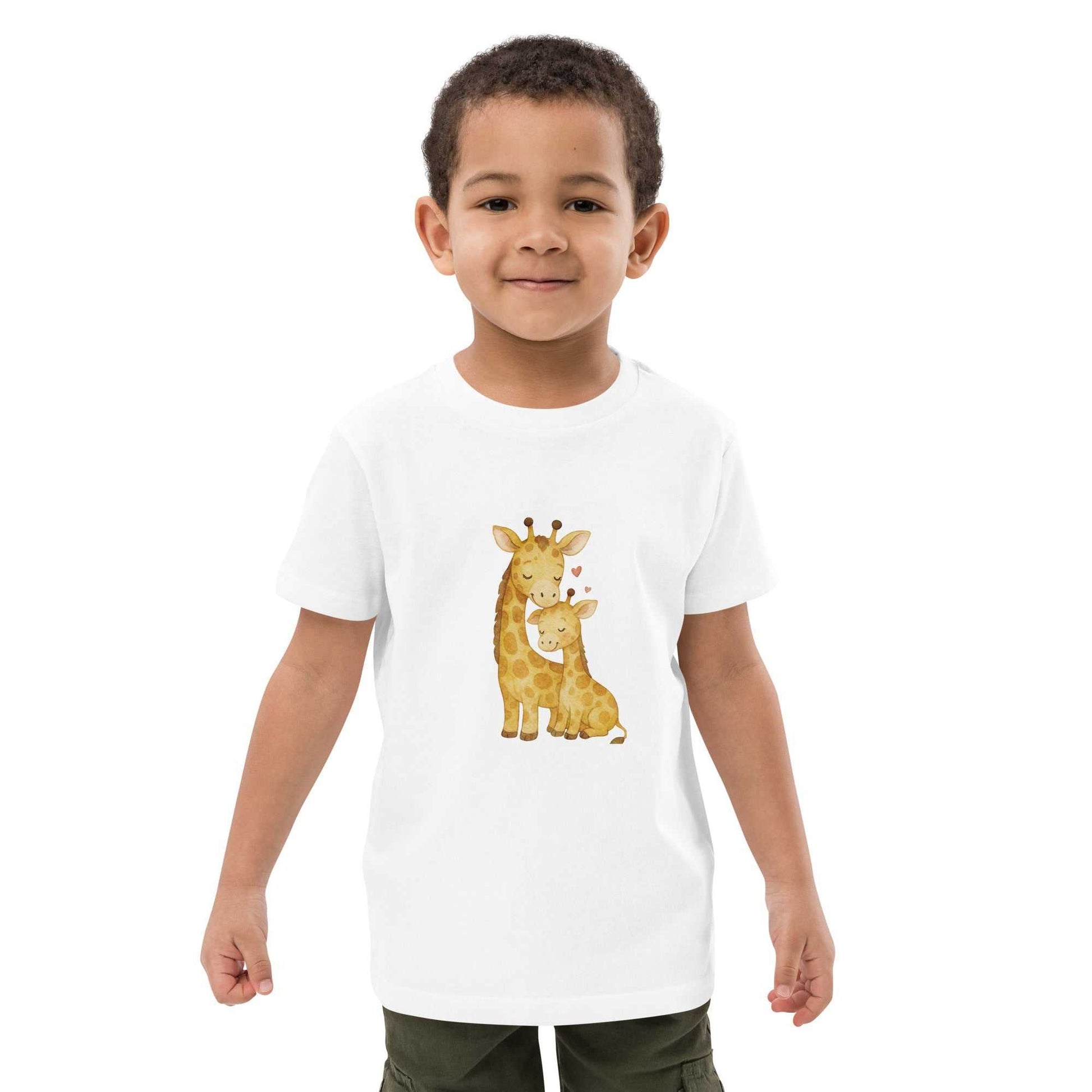 Kids Organic Cotton T-Shirt - white t-shirt with adorable giraffe print, GOTS certified organic cotton, ideal for ages 3-13.