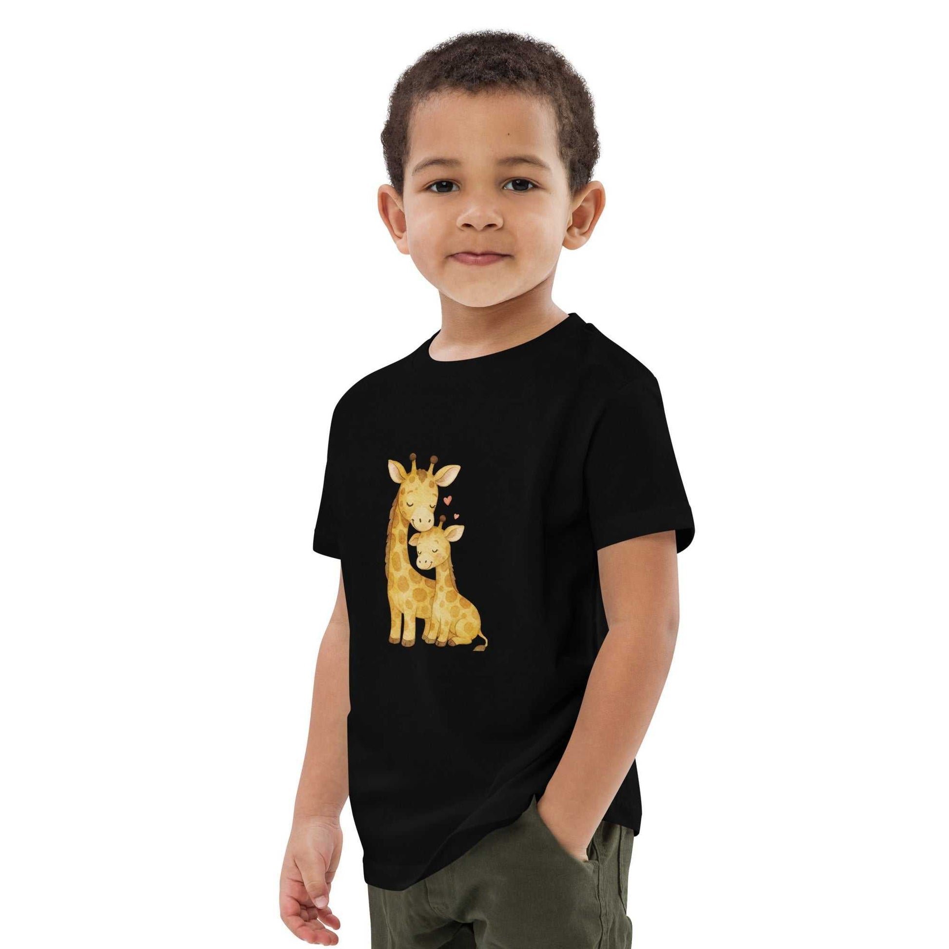 Kids Organic Cotton T-Shirt - side view of black t-shirt with loving giraffe illustration, eco-friendly and comfy for daily play.