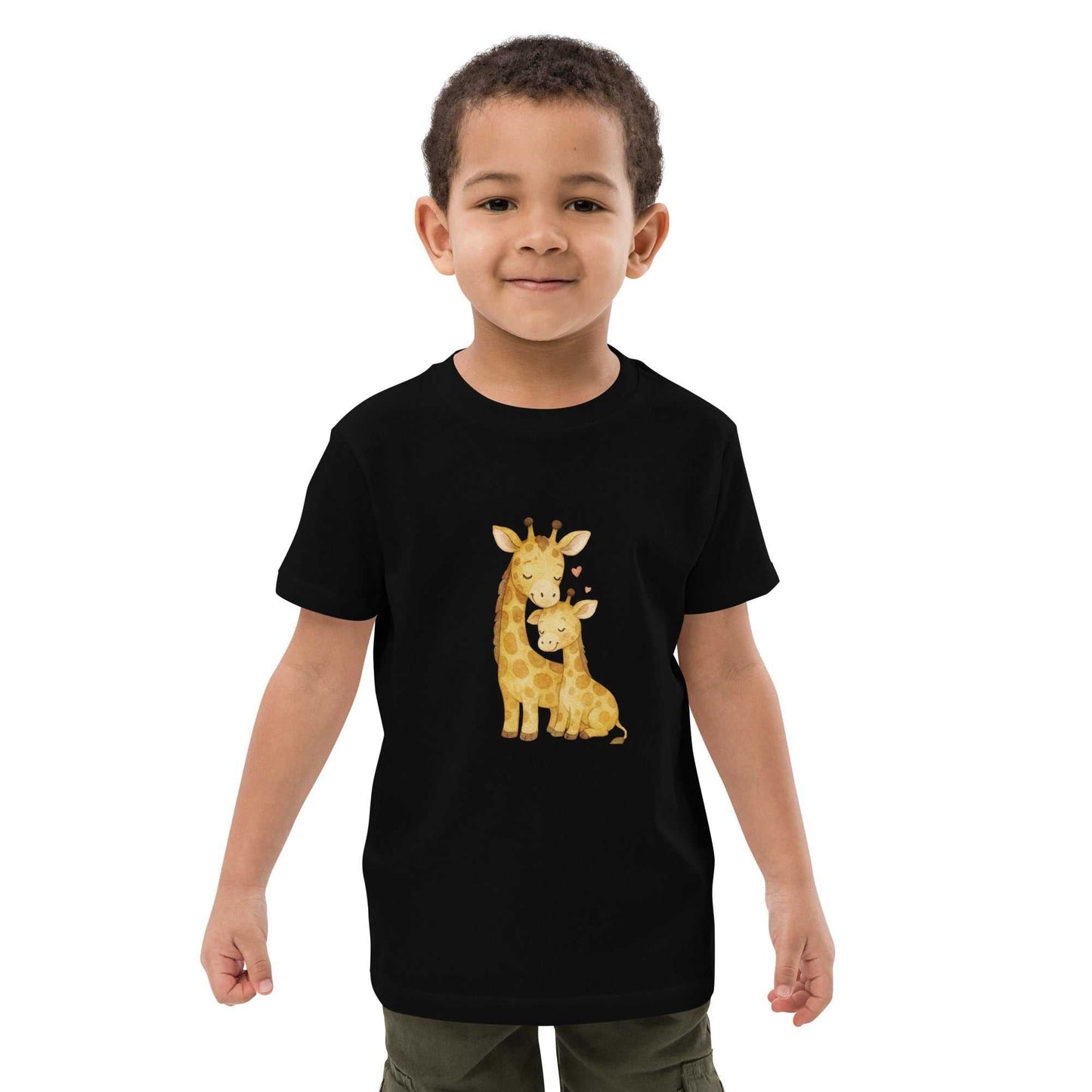 Kids Organic Cotton T-Shirt - black tee with cute giraffe design, soft and eco-friendly for everyday wear, perfect for toddlers and young kids.