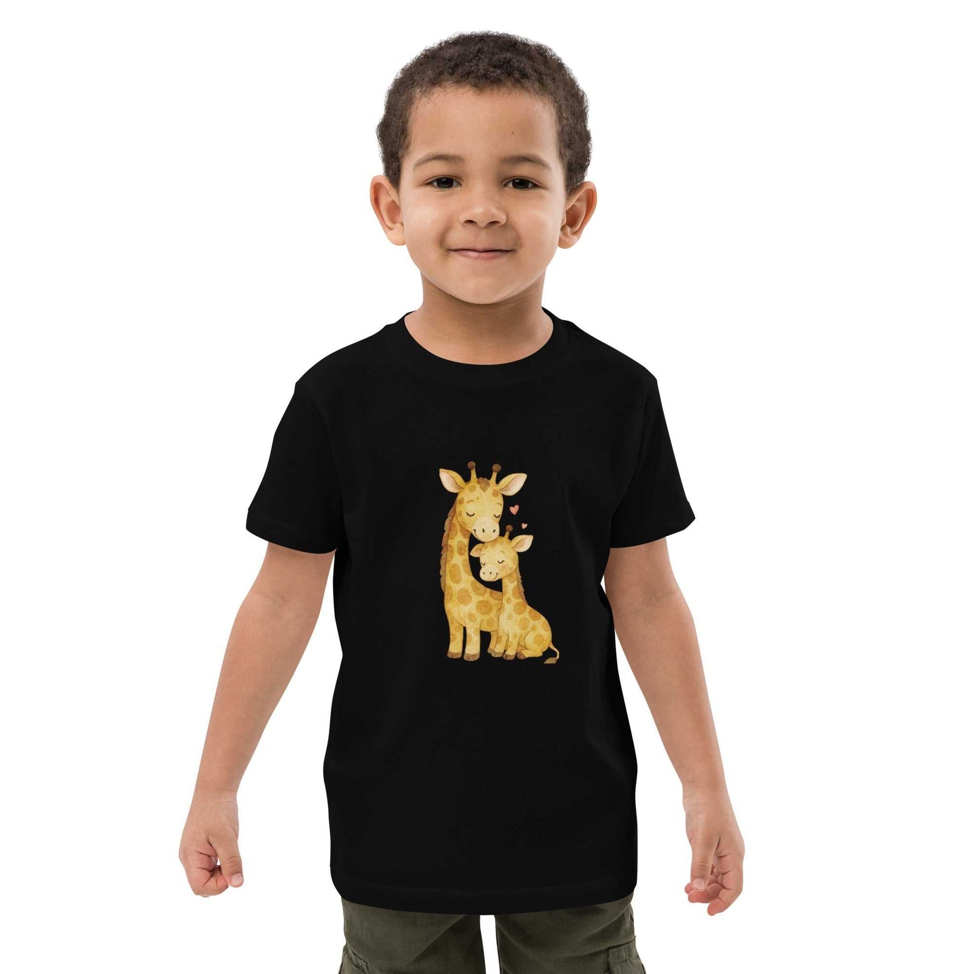 Kids Organic Cotton T-Shirt - black tee with cute giraffe design, soft and eco-friendly for everyday wear, perfect for toddlers and young kids.