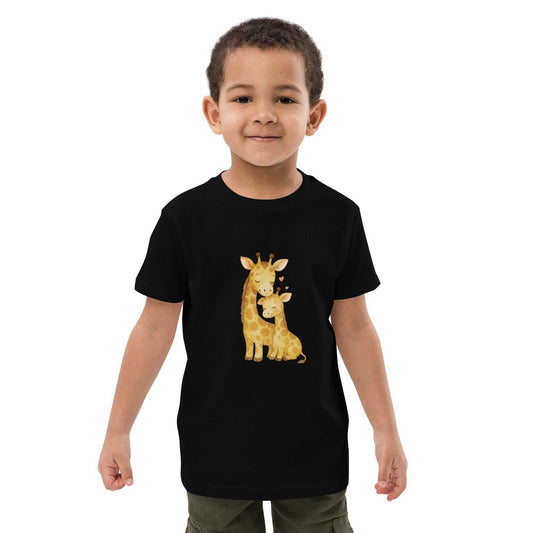 Kids Organic Cotton T-Shirt - black tee with cute giraffe design, soft and eco-friendly for everyday wear, perfect for toddlers and young kids.
