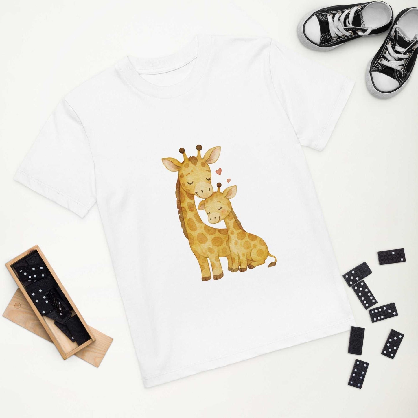 Kids Organic Cotton T-Shirt - flat lay of white tee with giraffe illustration, organic cotton top for kids, stylish and planet-friendly.