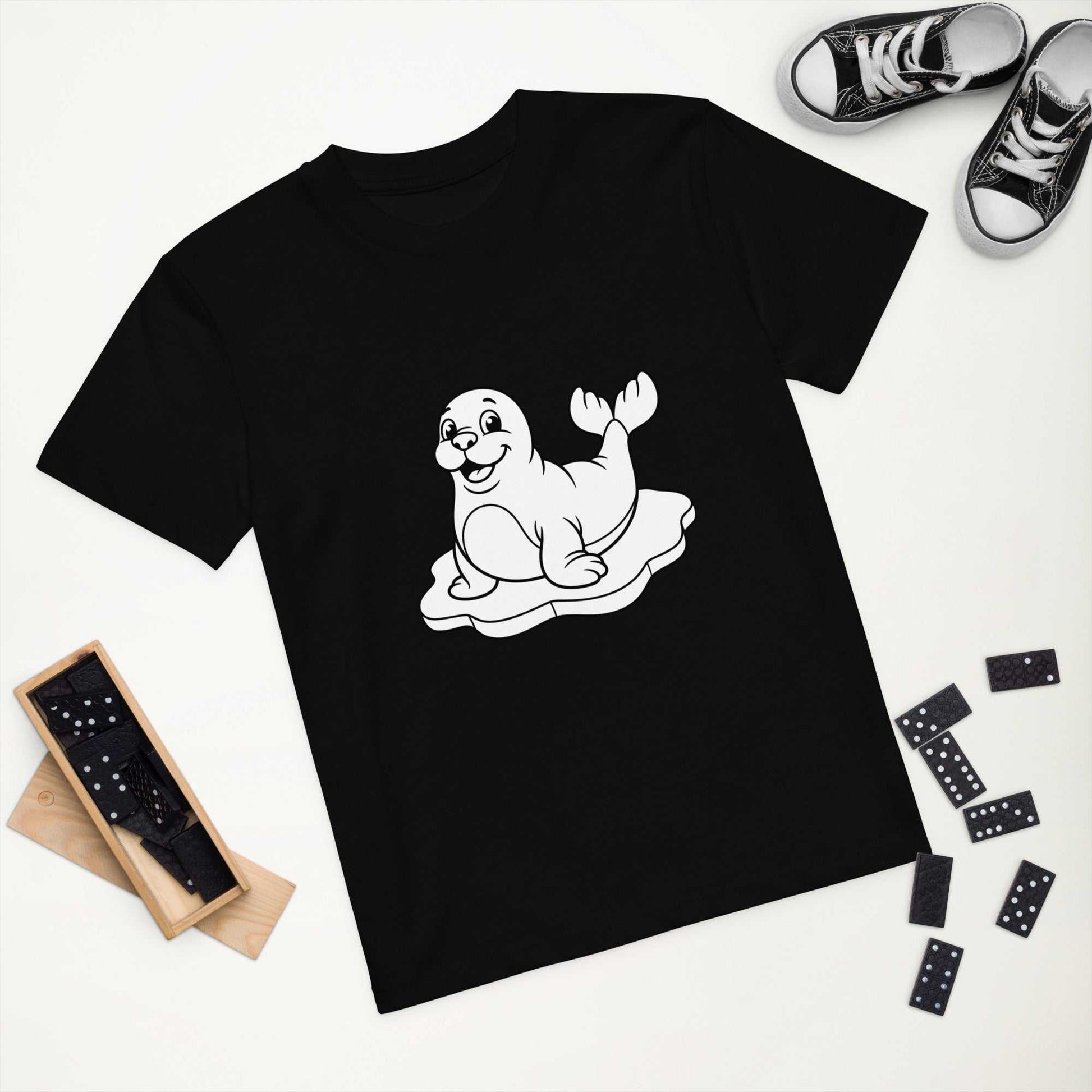 Kids Organic Cotton T-Shirt - Seal Design in black, featuring a playful seal on ice. Soft, eco-friendly kids apparel made from certified organic cotton.