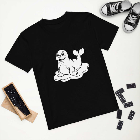 Kids Organic Cotton T-Shirt - Seal Design in black, featuring a playful seal on ice. Soft, eco-friendly kids apparel made from certified organic cotton.