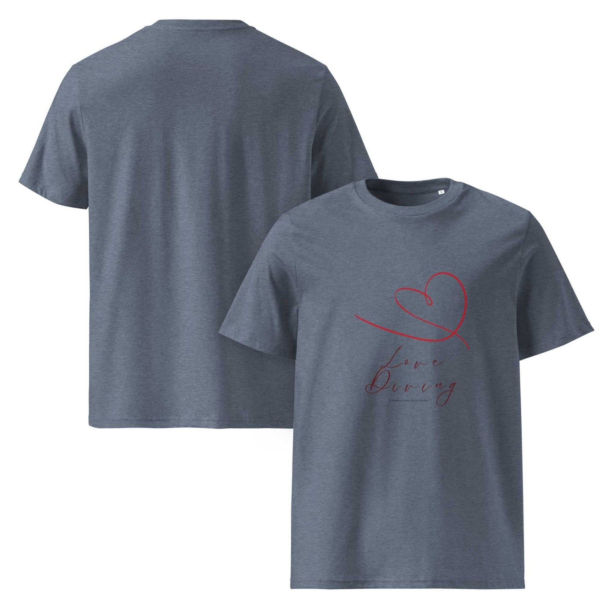 Heather blue unisex organic cotton t-shirt with red filigrane heart and 'Love Diving' script, front and back views for eco-conscious buyers.