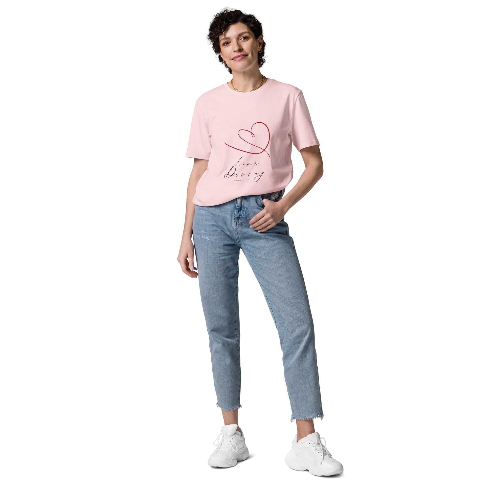 Light pink unisex organic cotton t-shirt with delicate red filigrane heart design, perfect for sustainable and stylish casual wear.