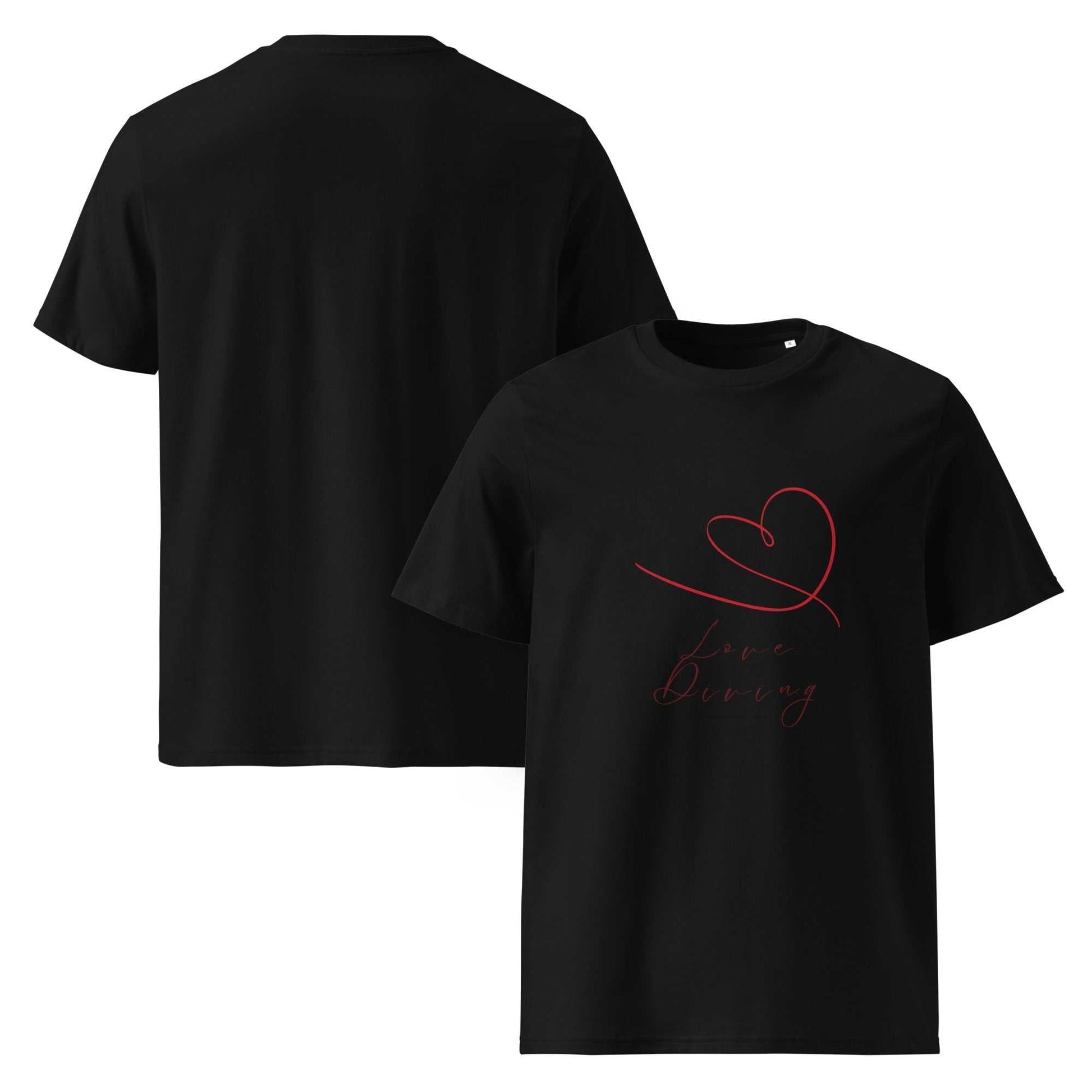 Black unisex organic cotton t-shirt with minimalist red heart and 'Love Diving' script, front and back view for eco-conscious fashion lovers.