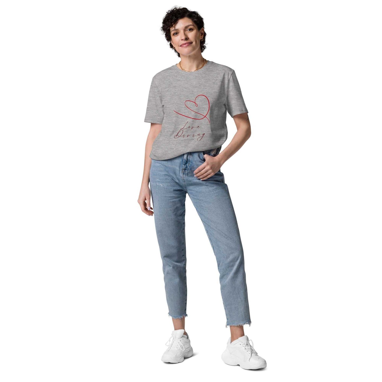 Heather grey unisex organic cotton t-shirt with red filigrane heart design, promoting eco-friendly style and a relaxed fit.