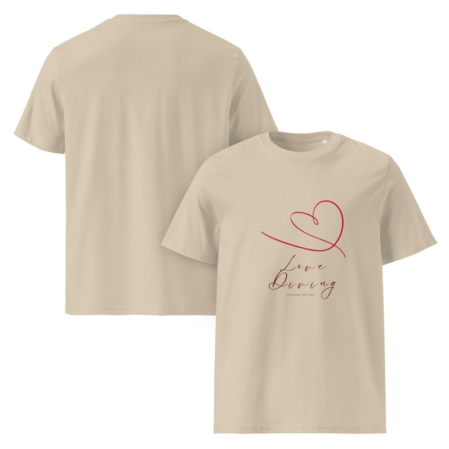 Beige unisex organic cotton t-shirt with red heart line art and 'Love Diving' text, front and back views highlighting eco-friendly fashion.