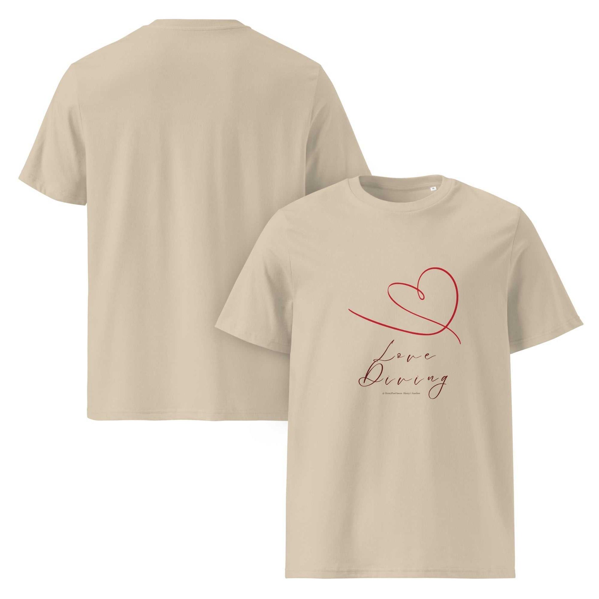 Beige unisex organic cotton t-shirt with red heart line art and 'Love Diving' text, front and back views highlighting eco-friendly fashion.