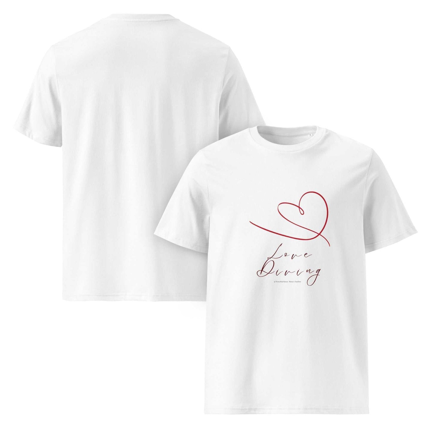 White unisex organic cotton t-shirt with red heart line art and 'Love Diving' text, front and back shown for sustainable fashion appeal.