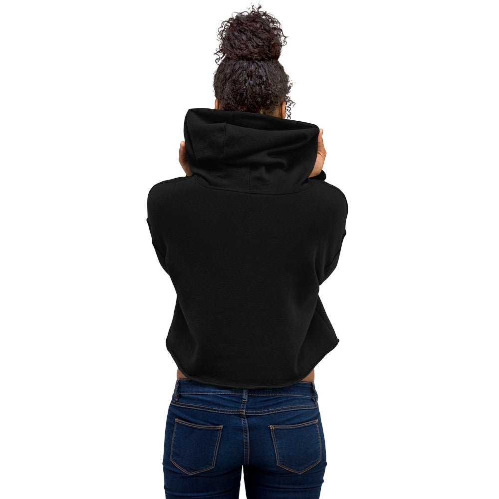 Back view of woman wearing black cropped hoodie, eco-friendly and fashionable hoodie for casual and active wear.