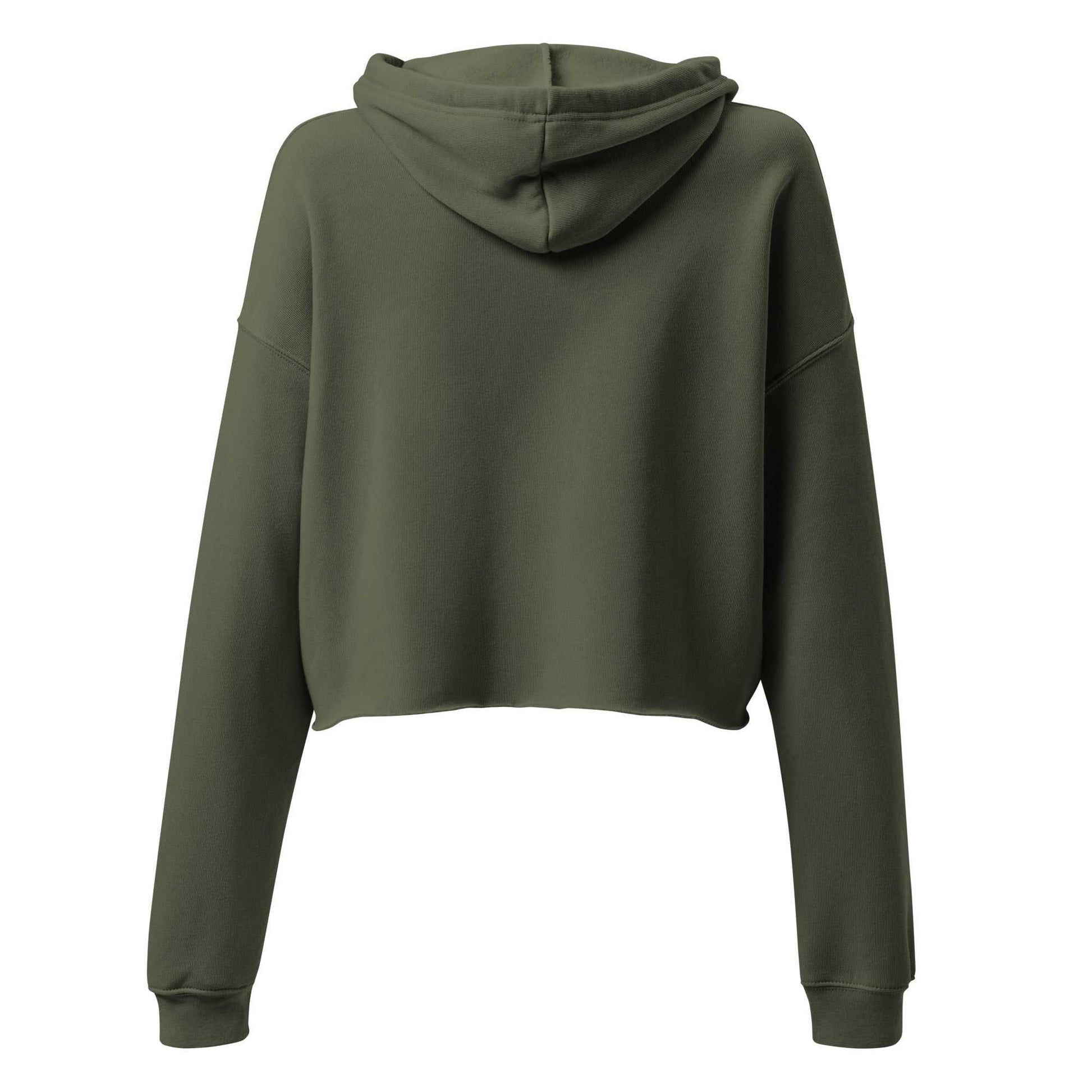 Back view of olive green cropped hoodie for women. Organic and GOTS certified, ideal for sustainable Valentine's fashion.