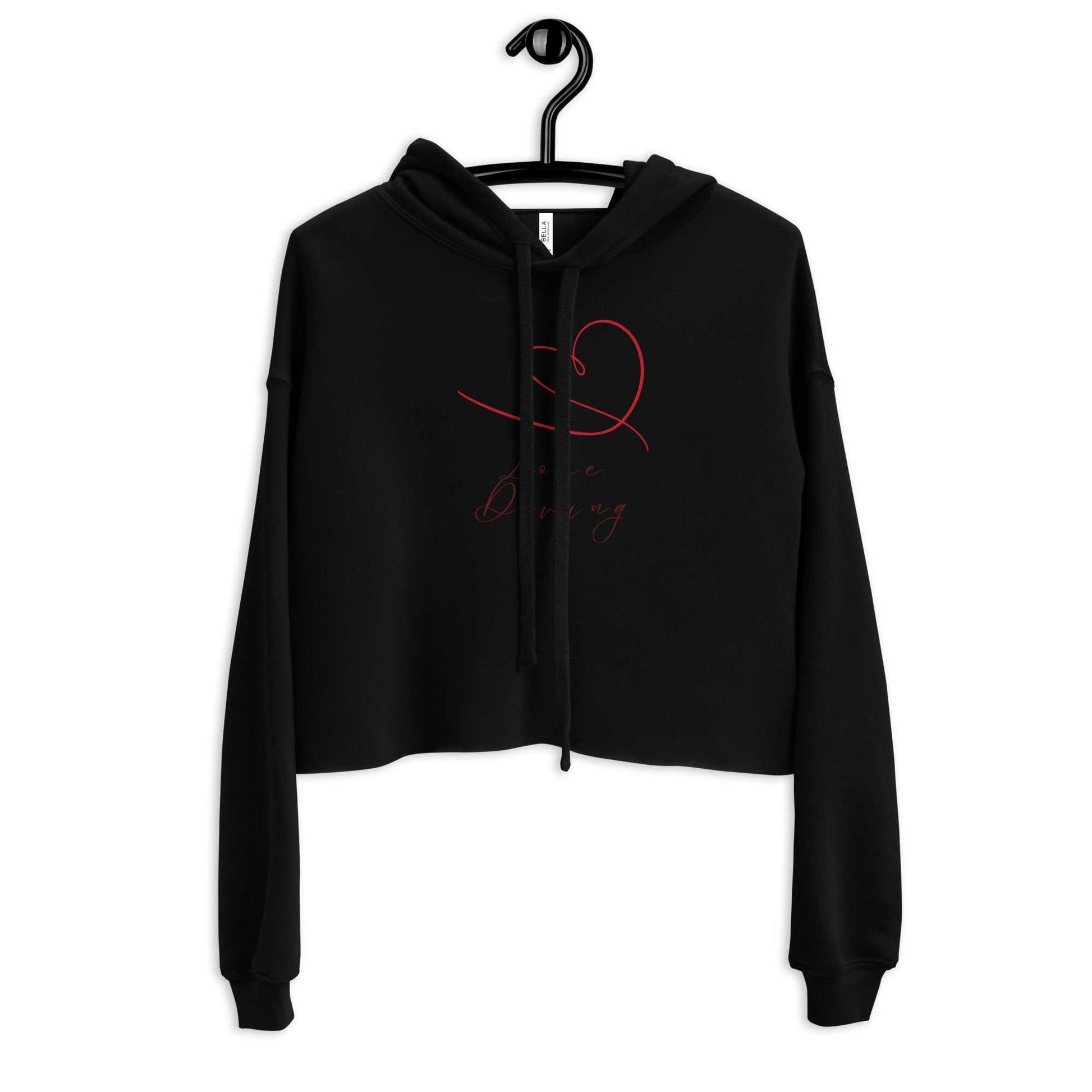 Black organic cropped hoodie with red heart and 'Love Diving' design, GOTS certified and stylish for everyday wear.