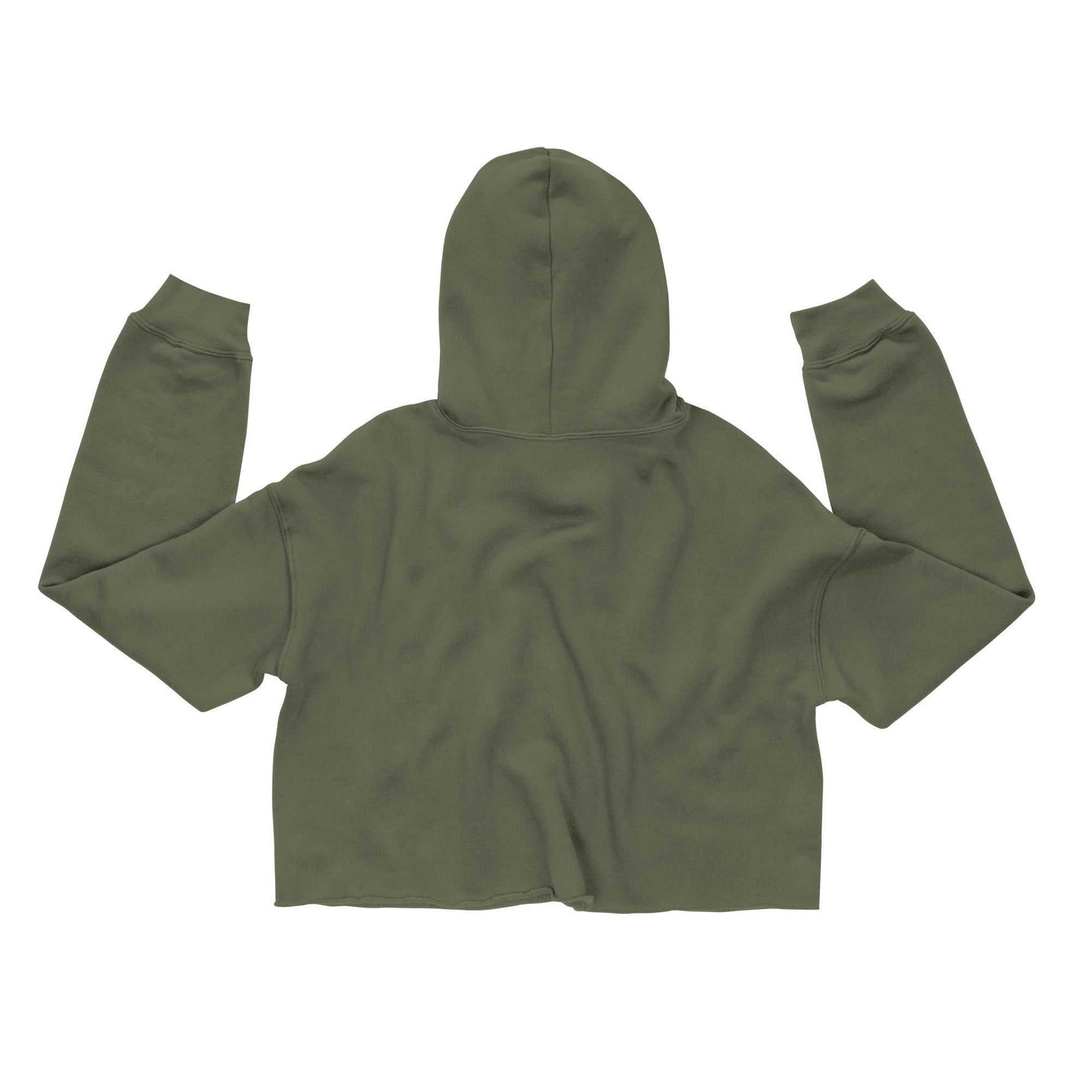 Rear view of olive green cropped hoodie, eco-conscious and cozy activewear for women.