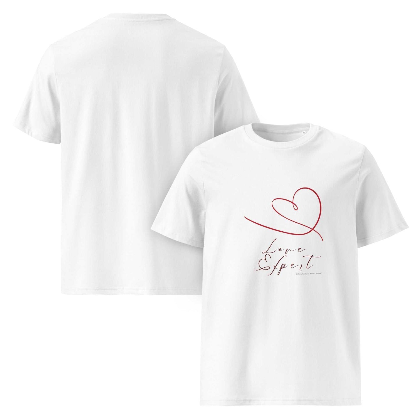 White unisex organic cotton t-shirt with red heart and 'Love Expert' design. Eco-conscious, soft fabric ideal for everyday sustainable wear.