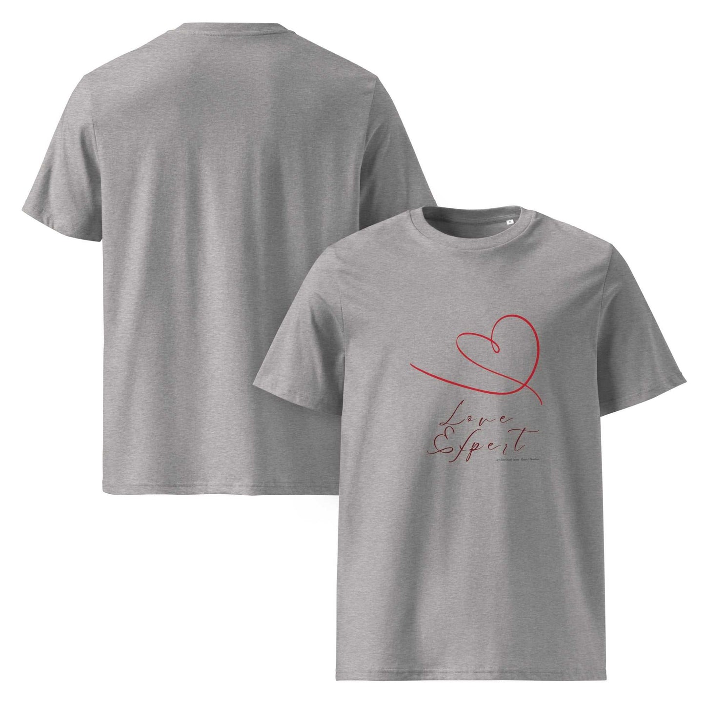 Light heather grey unisex organic cotton t-shirt with red heart design and 'Love Expert' typography. Breathable, ethical, and stylish clothing choice.