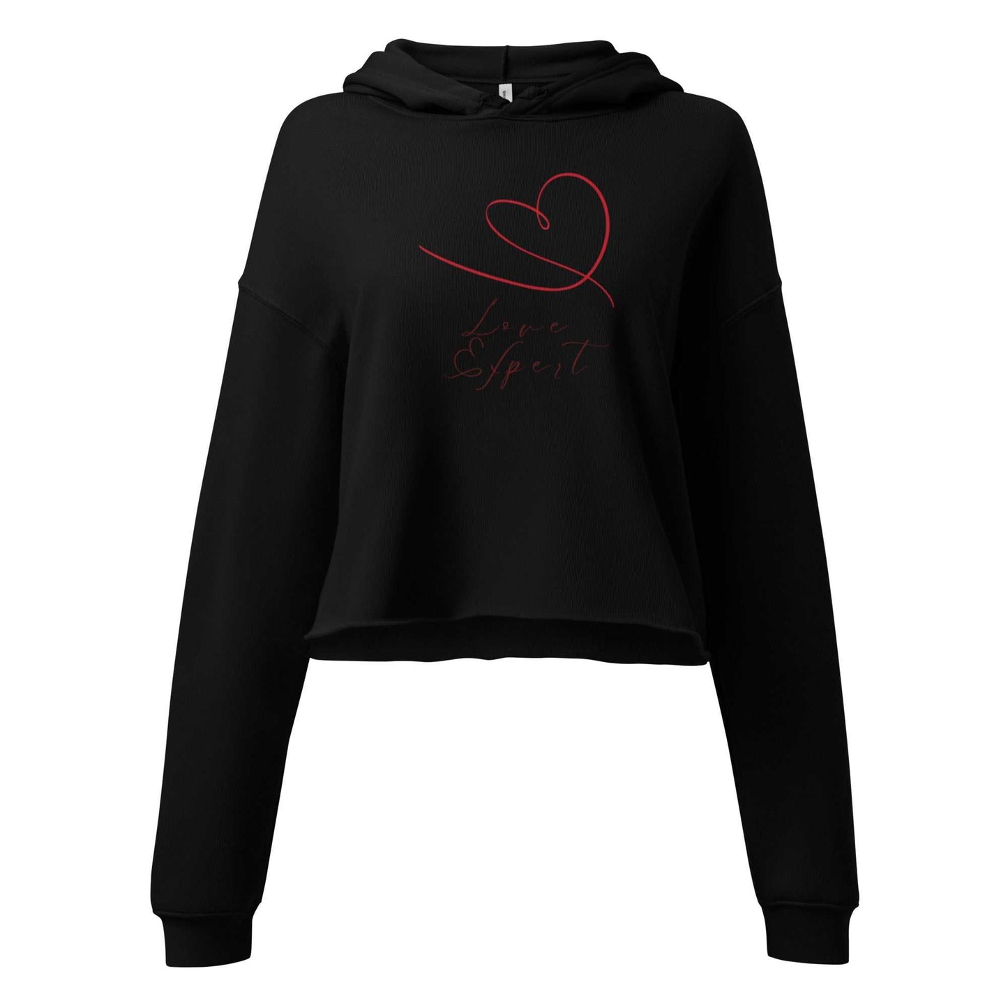 Front view of black women's cropped hoodie featuring red heart and 'Love Expert' design, ideal for layering in activewear outfits.