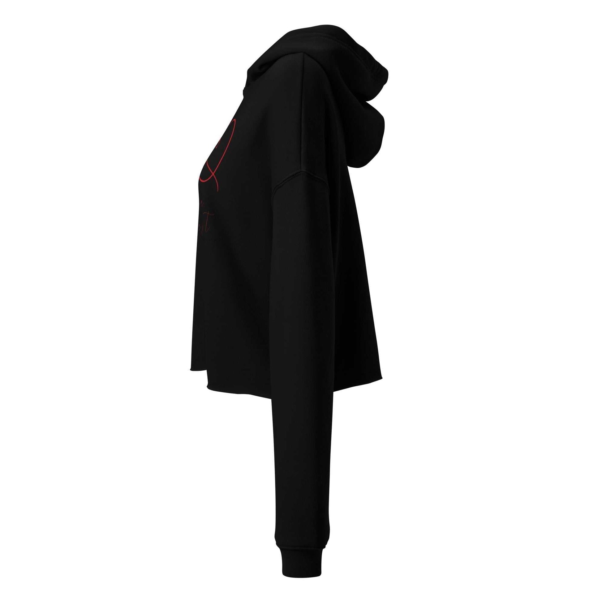 Left side profile of black cropped hoodie for women, highlighting relaxed fit and hooded design in activewear category.