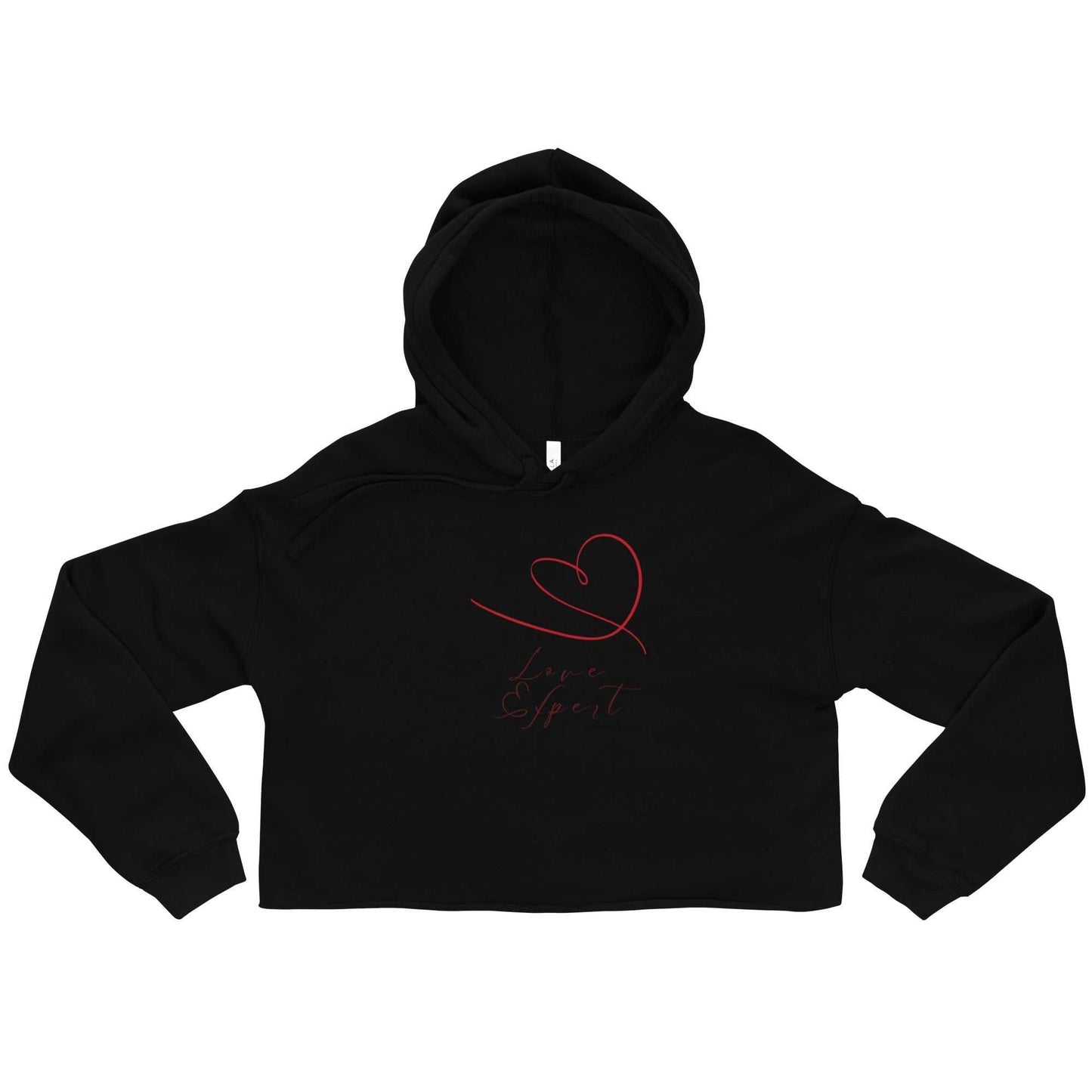 Flat lay of black women's cropped hoodie with red 'Love Expert' design, highlighting front graphic and cropped hem.