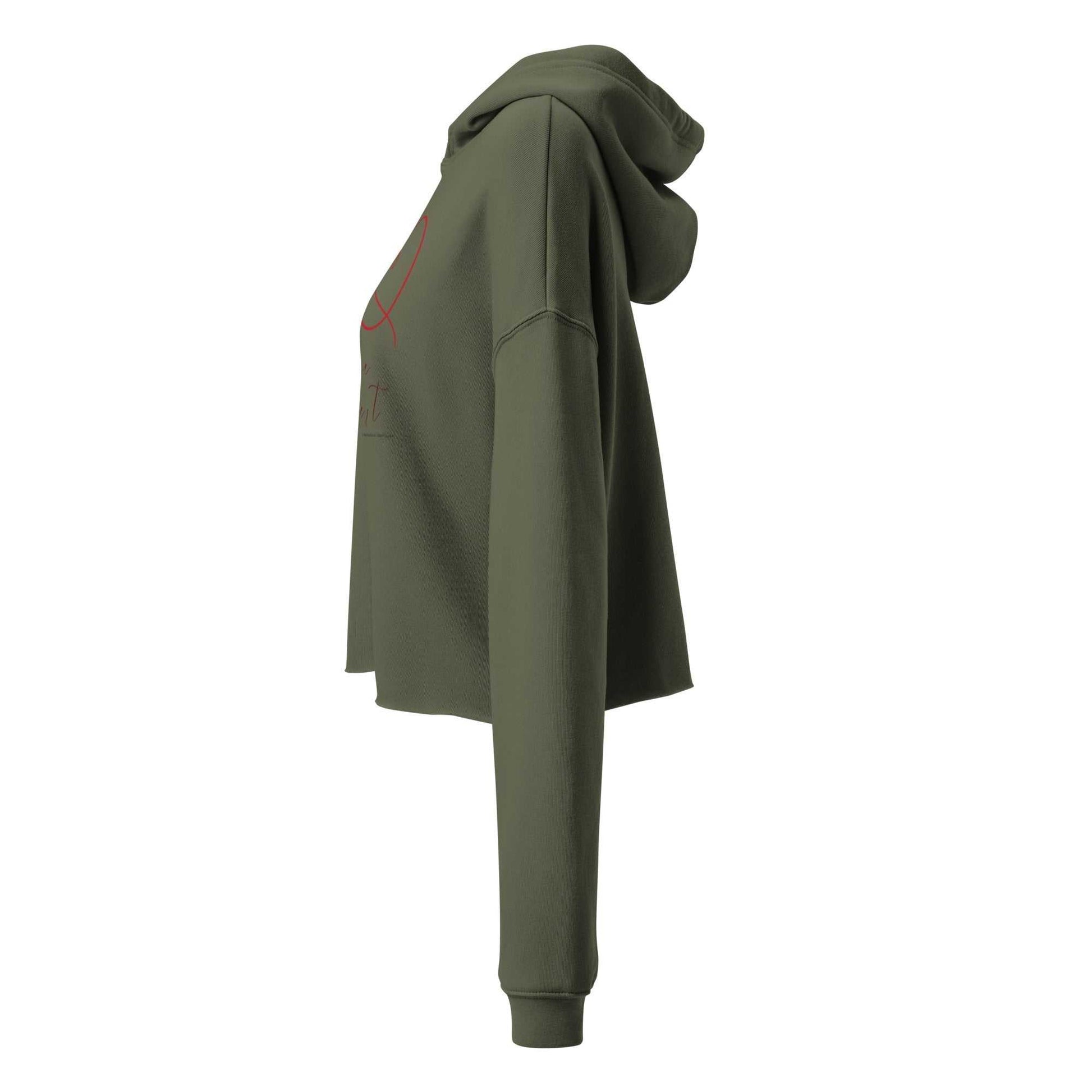 Left side view of olive green women's cropped hoodie with hood and long sleeves, ideal for cozy casual wear.