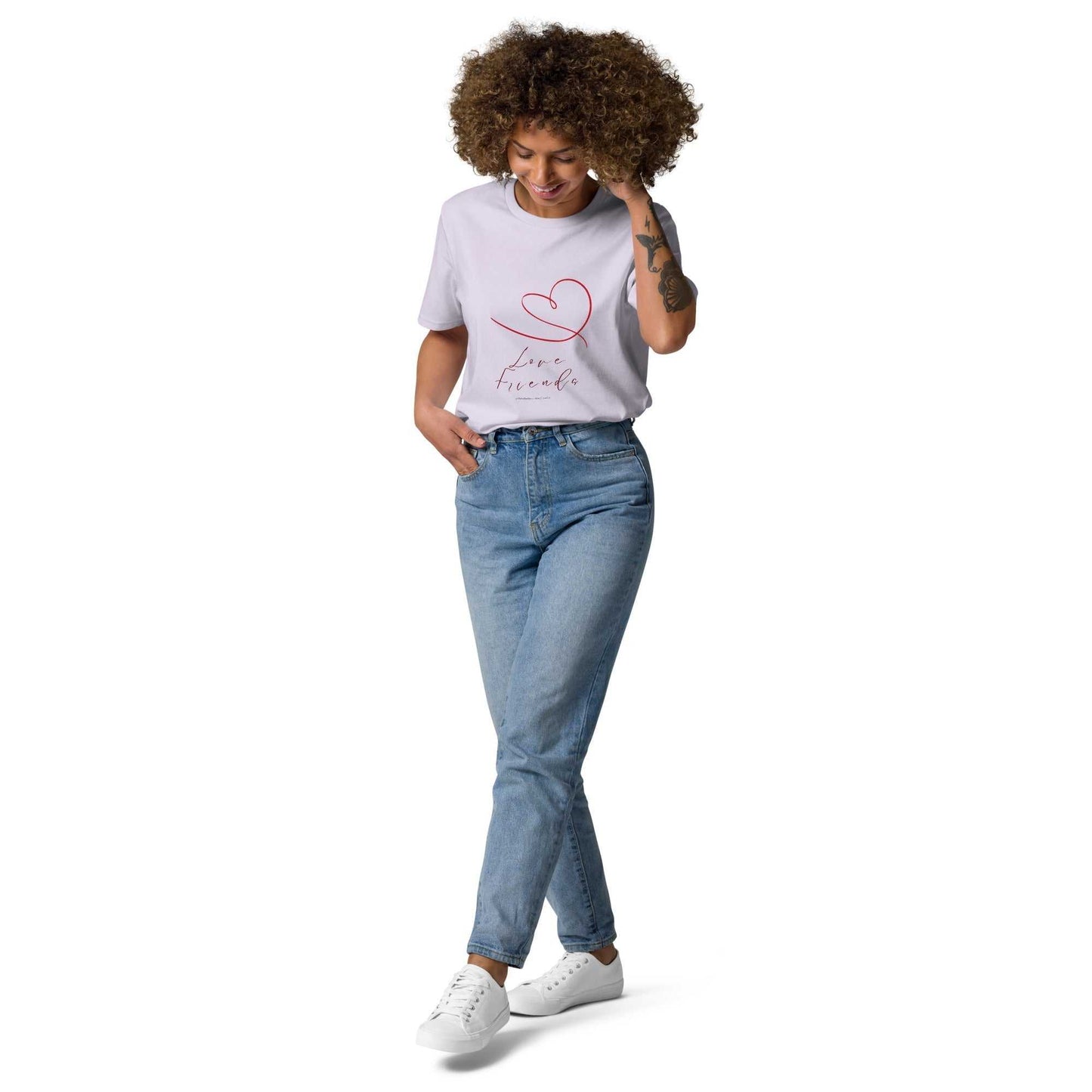 Love Friends T-Shirt in white with red heart design, made from organic cotton. Eco-friendly unisex tee styled with jeans for casual wear.