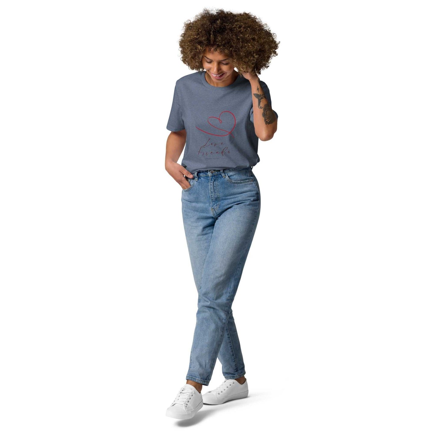 Love Friends T-Shirt in black with red heart design and 'love friends' text. Organic cotton tee for sustainable and comfortable everyday wear.