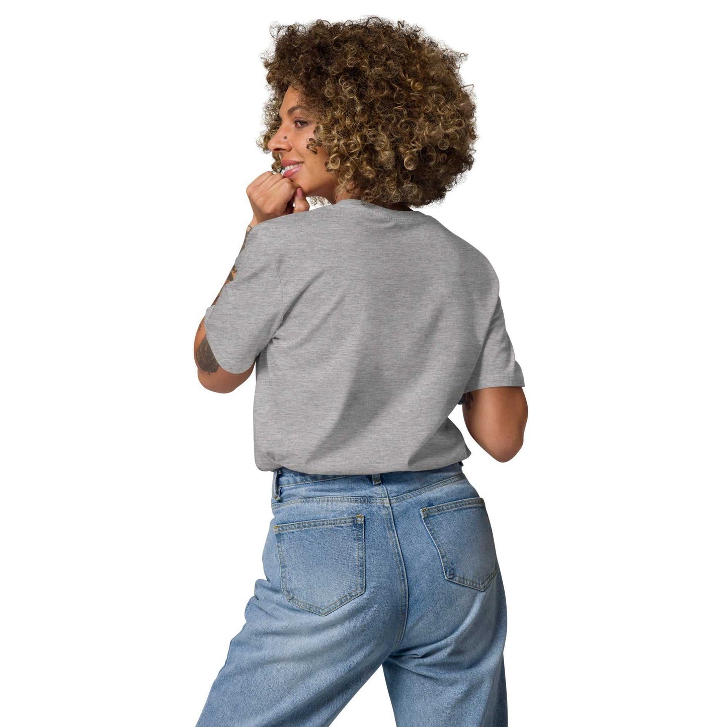Back view of Love Friends T-Shirt in heather gray, made with organic cotton. Comfortable and sustainable unisex fashion top.
