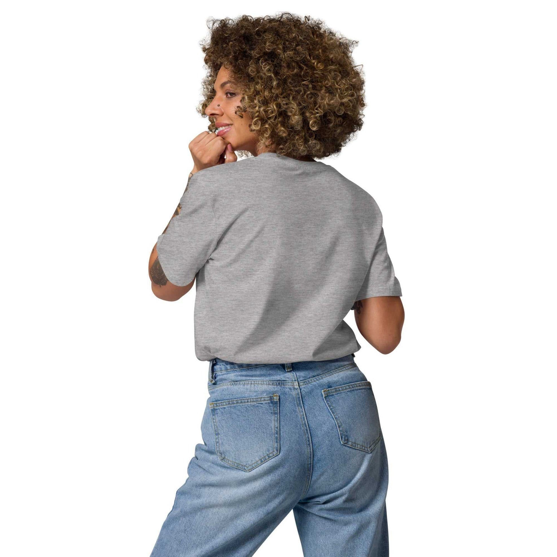 Back view of Love Friends T-Shirt in heather gray, made with organic cotton. Comfortable and sustainable unisex fashion top.