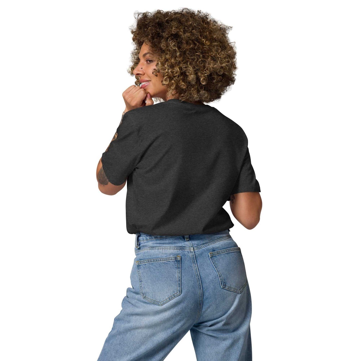 Back view of Love Friends T-Shirt in black, made from organic cotton. Eco-friendly unisex tee with short sleeves and sustainable fashion appeal.