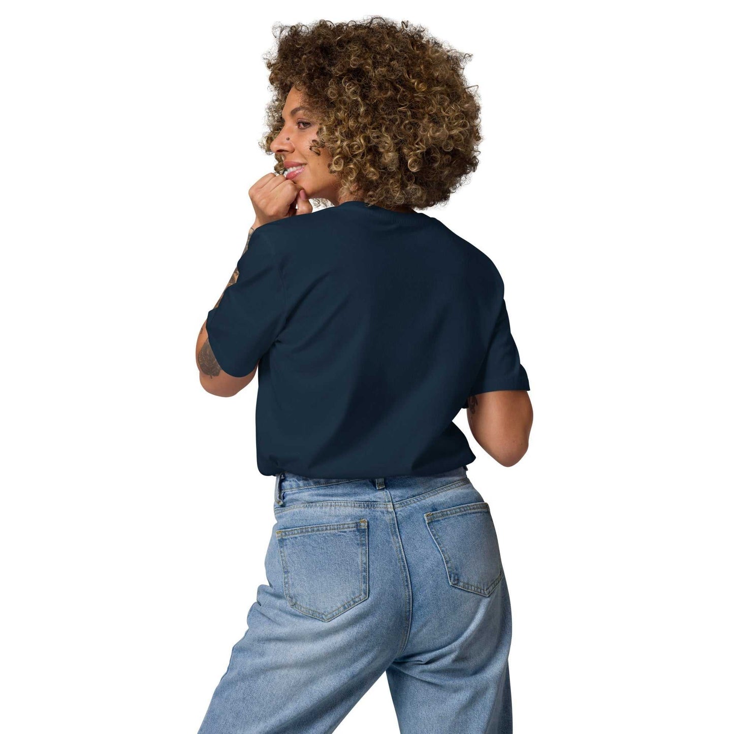 Back view of model wearing navy Love Friends t-shirt made from organic cotton. Sustainable unisex fashion with minimalist heart print.
