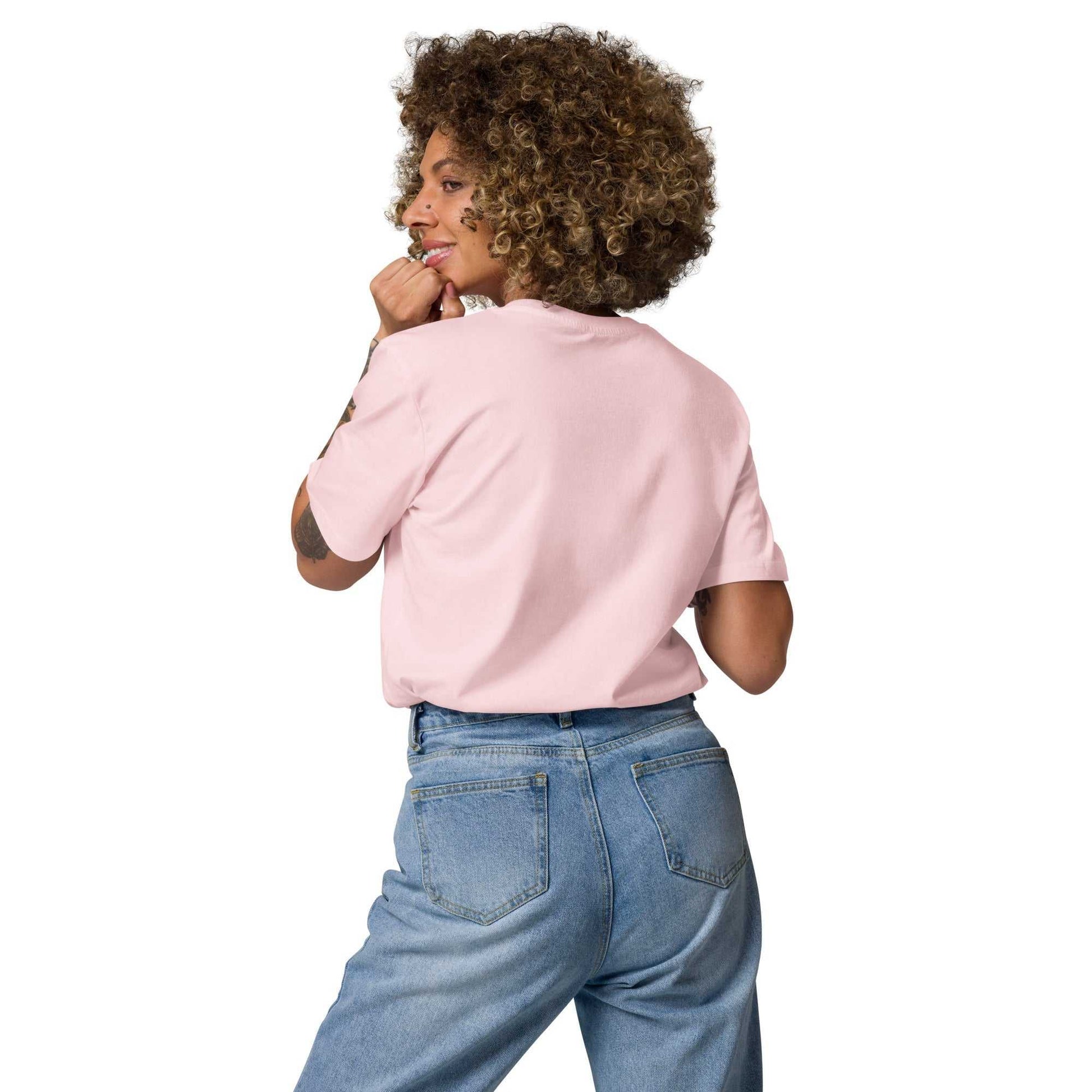 Back view of Love Friends T-Shirt in light pink, crafted from organic cotton. Unisex sustainable tee with soft texture and short sleeves.