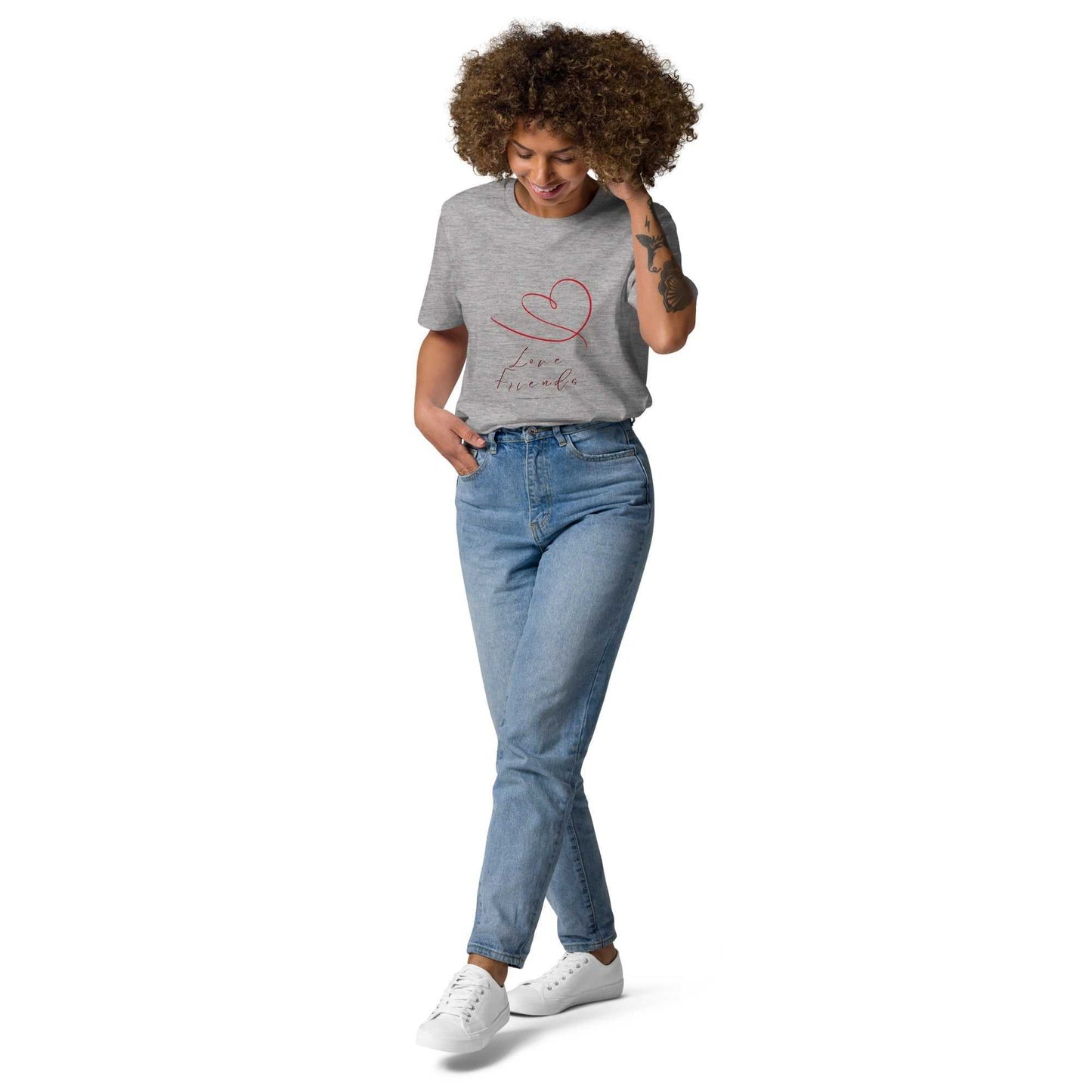 Love Friends T-Shirt in denim blue featuring heart and 'love friends' print. Eco-friendly organic cotton tee for casual, sustainable style.