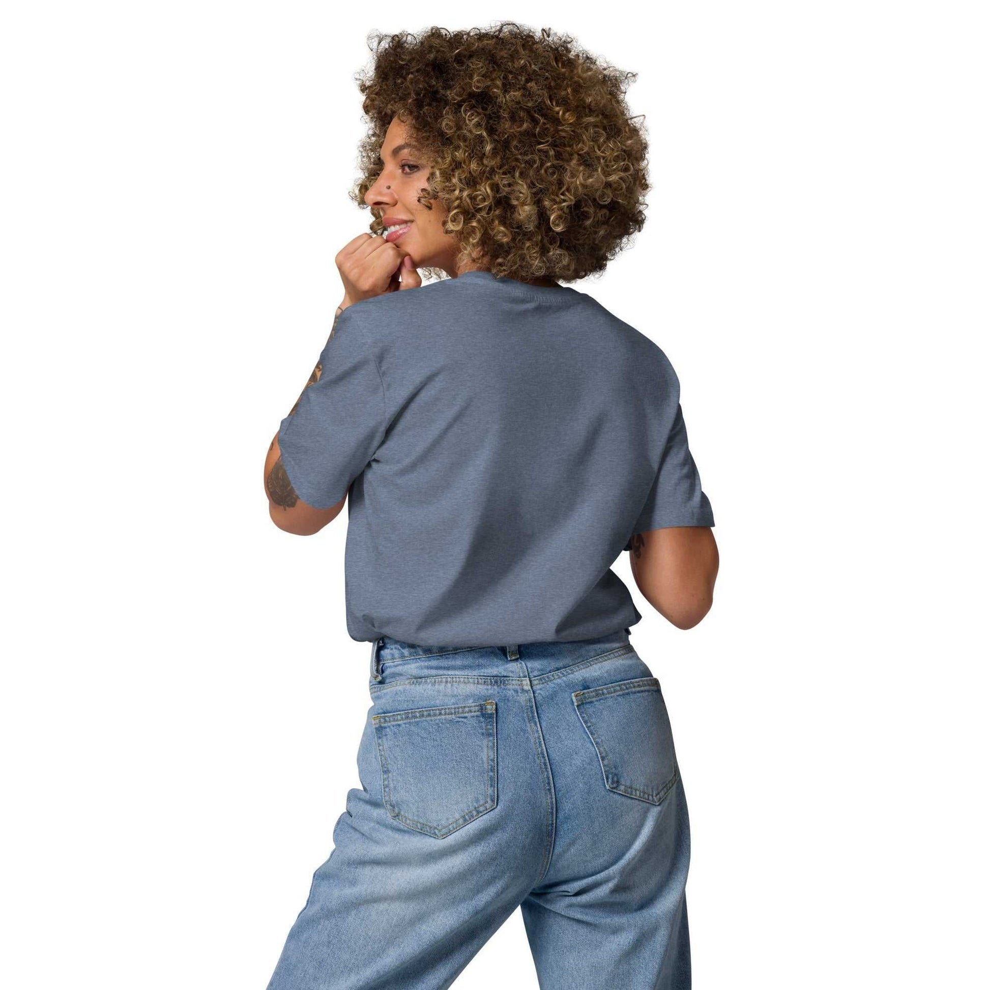 Back view of Love Friends T-Shirt in denim blue, crafted from organic cotton. Unisex short-sleeve tee promoting sustainable fashion.