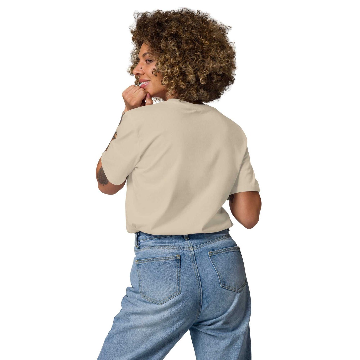 Back view of Love Friends T-Shirt in beige, made from soft organic cotton. Sustainable unisex tee with short sleeves and eco appeal.