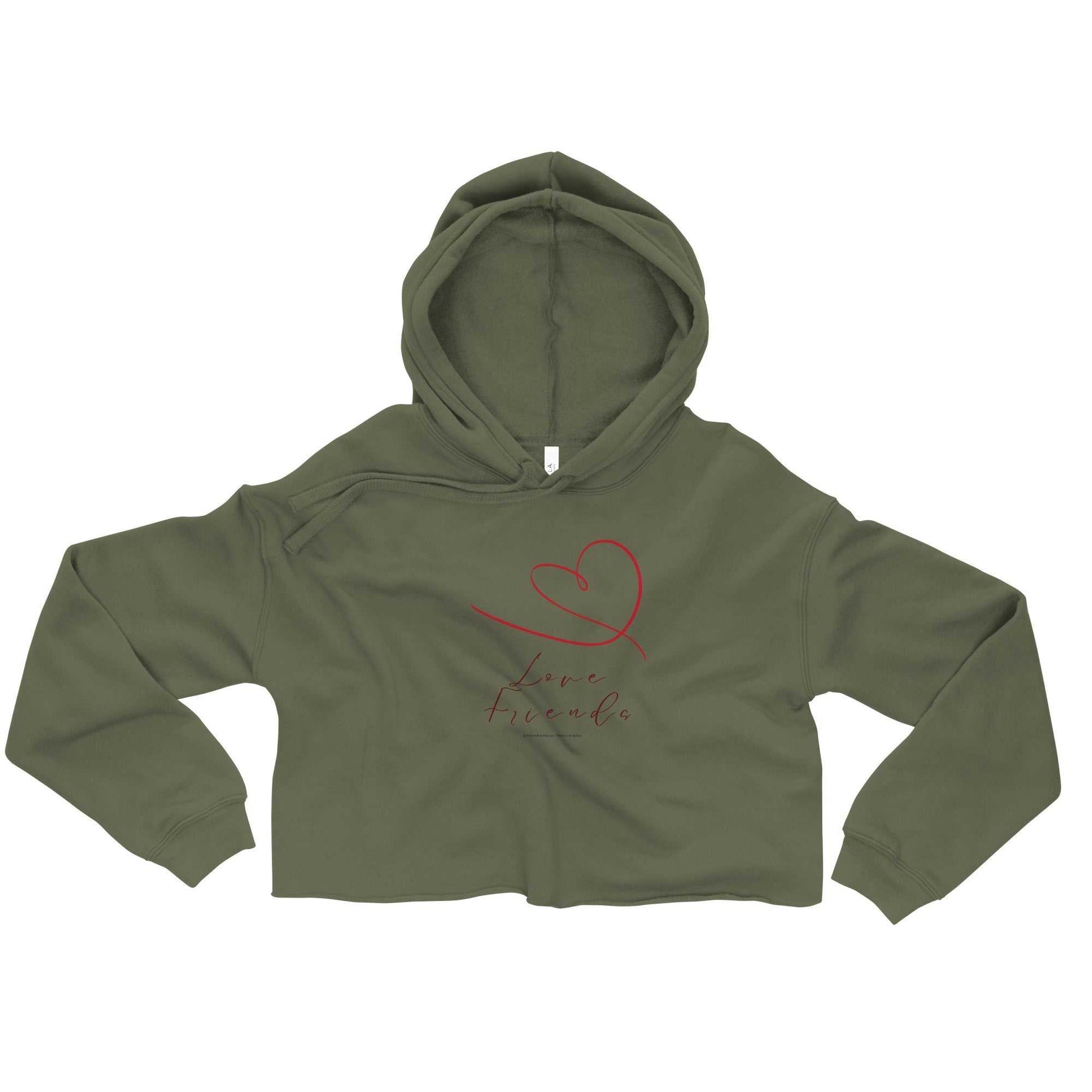 Olive green cropped hoodie with Love Friends heart design, soft Valentine's Day activewear for casual wear.