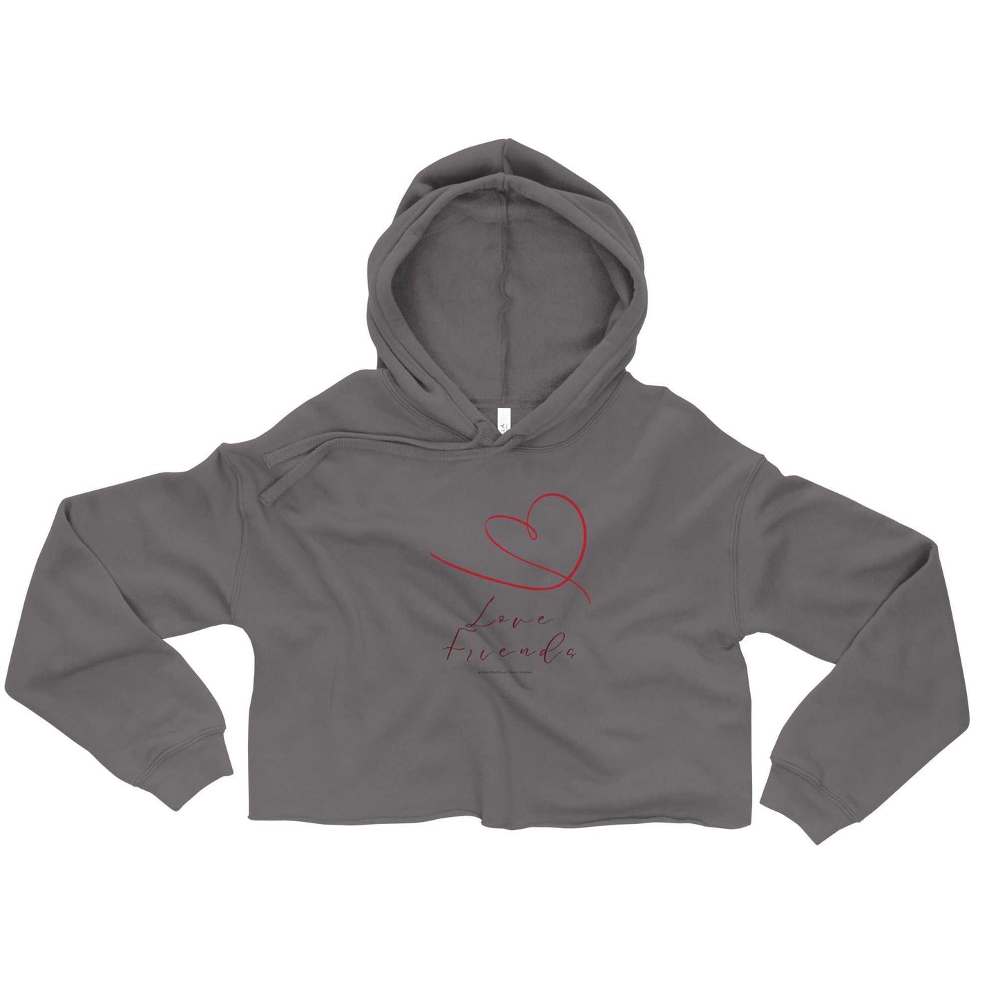 Charcoal gray cropped hoodie with Love Friends heart graphic, trendy Valentine's Day gift for women.