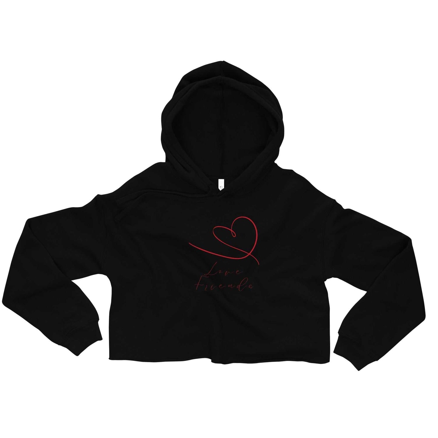 Black Love Friends cropped hoodie with red heart and script design, stylish Valentine's Day apparel for women.