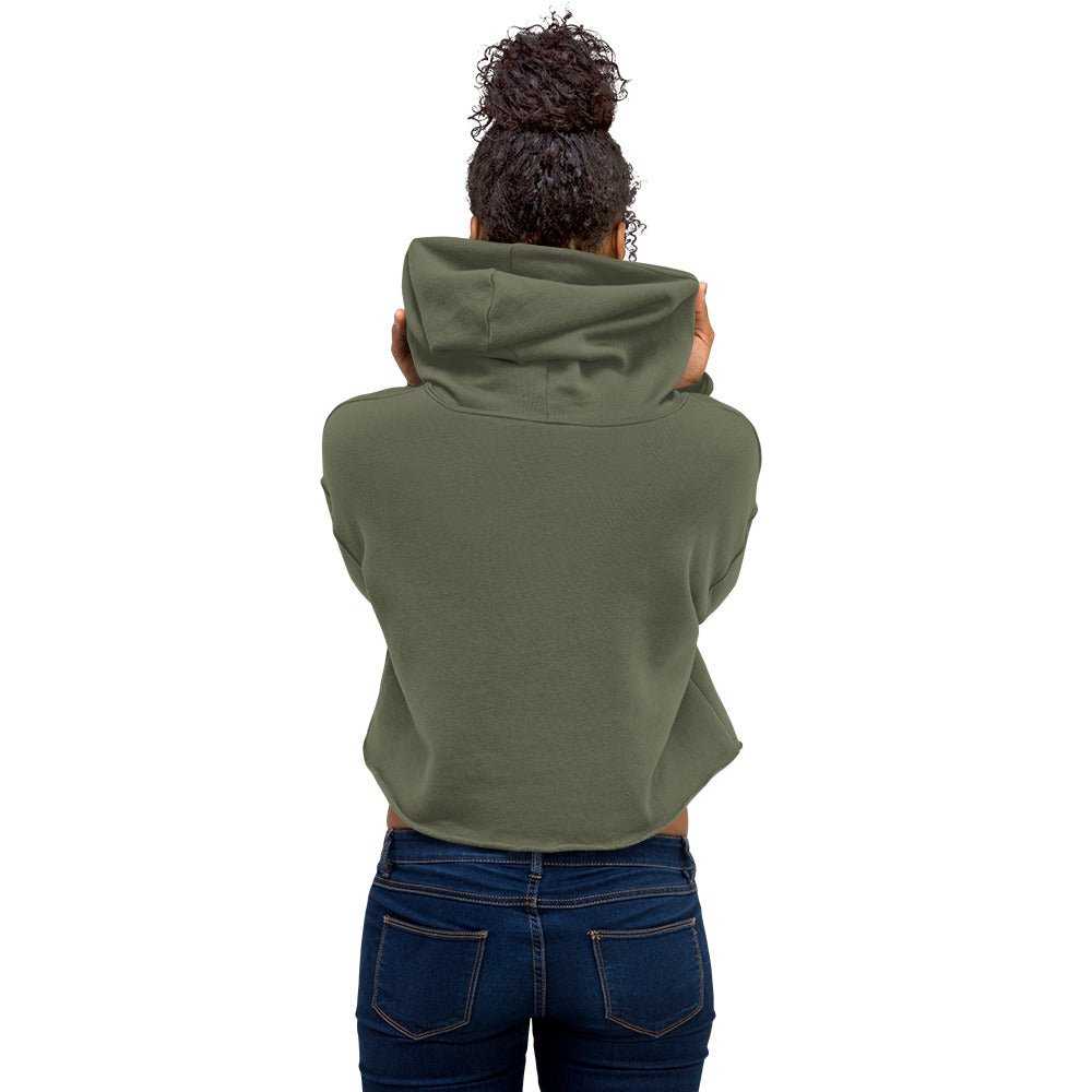 Back view of model in olive green Love Friends cropped hoodie, cozy and stylish Valentine's Day activewear.