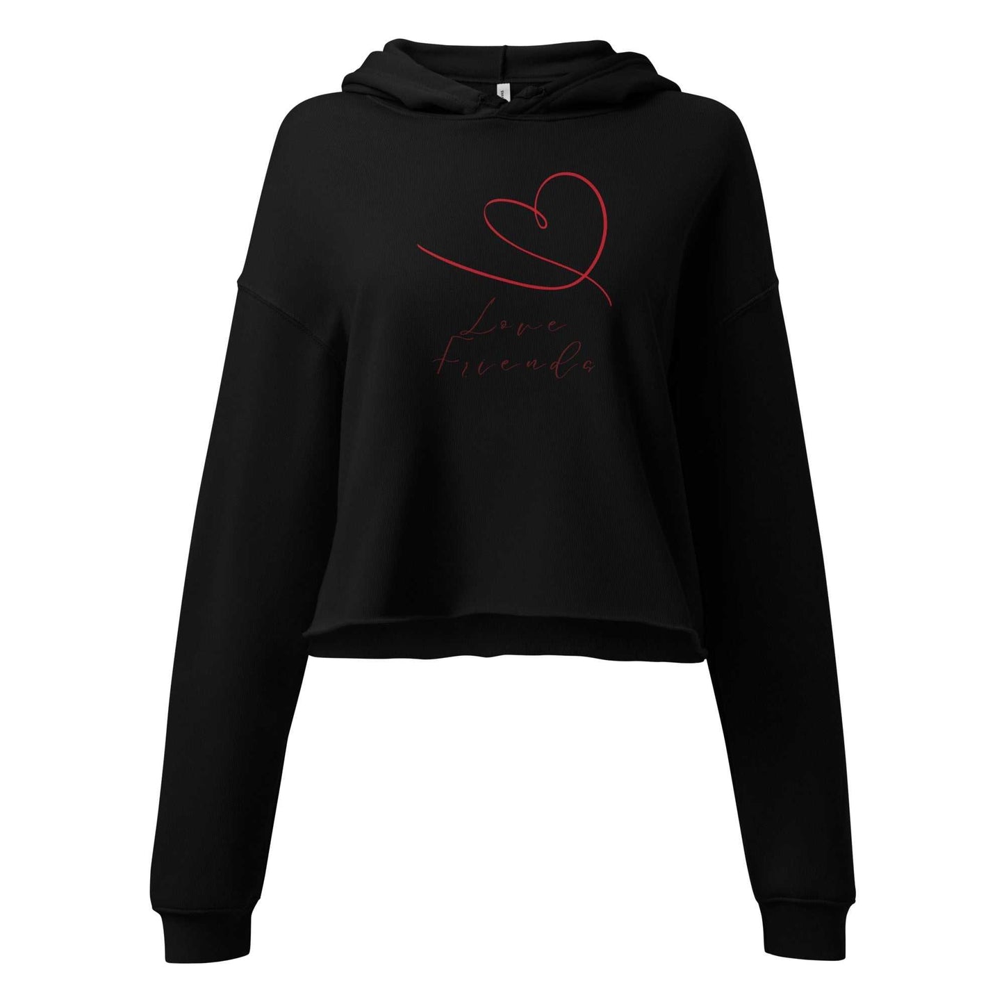 Front view of black Love Friends cropped hoodie with red heart and script design, soft eco-friendly fabric, perfect for Valentine's Day.