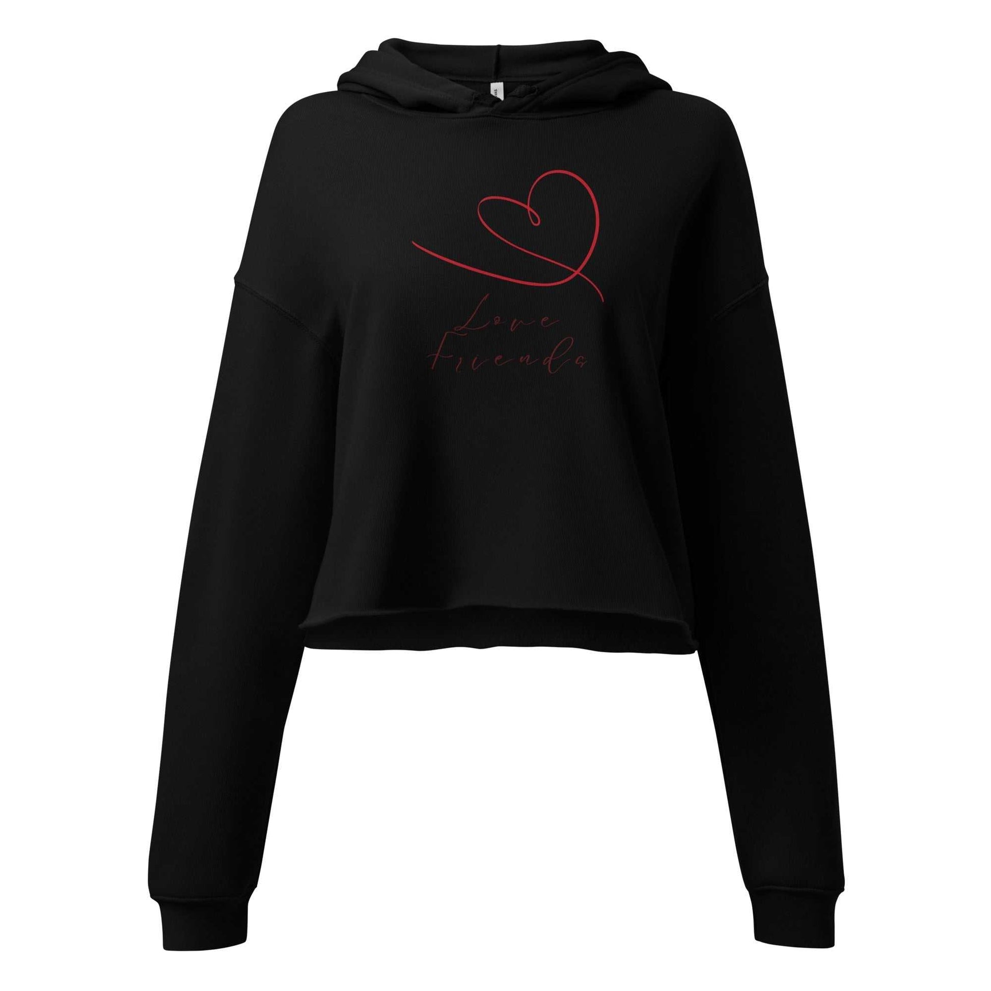 Front view of black Love Friends cropped hoodie with red heart and script design, soft eco-friendly fabric, perfect for Valentine's Day.